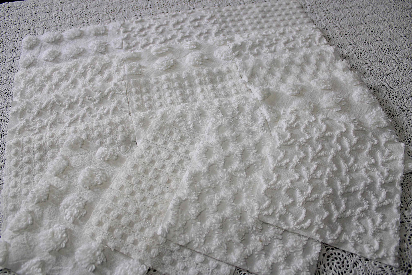 white chenille fabric squares in dynamic textures, coin dots, lattice, mini pop sparkle & squiggles, 16 vintage quilt blocks, 6" x 6" ea