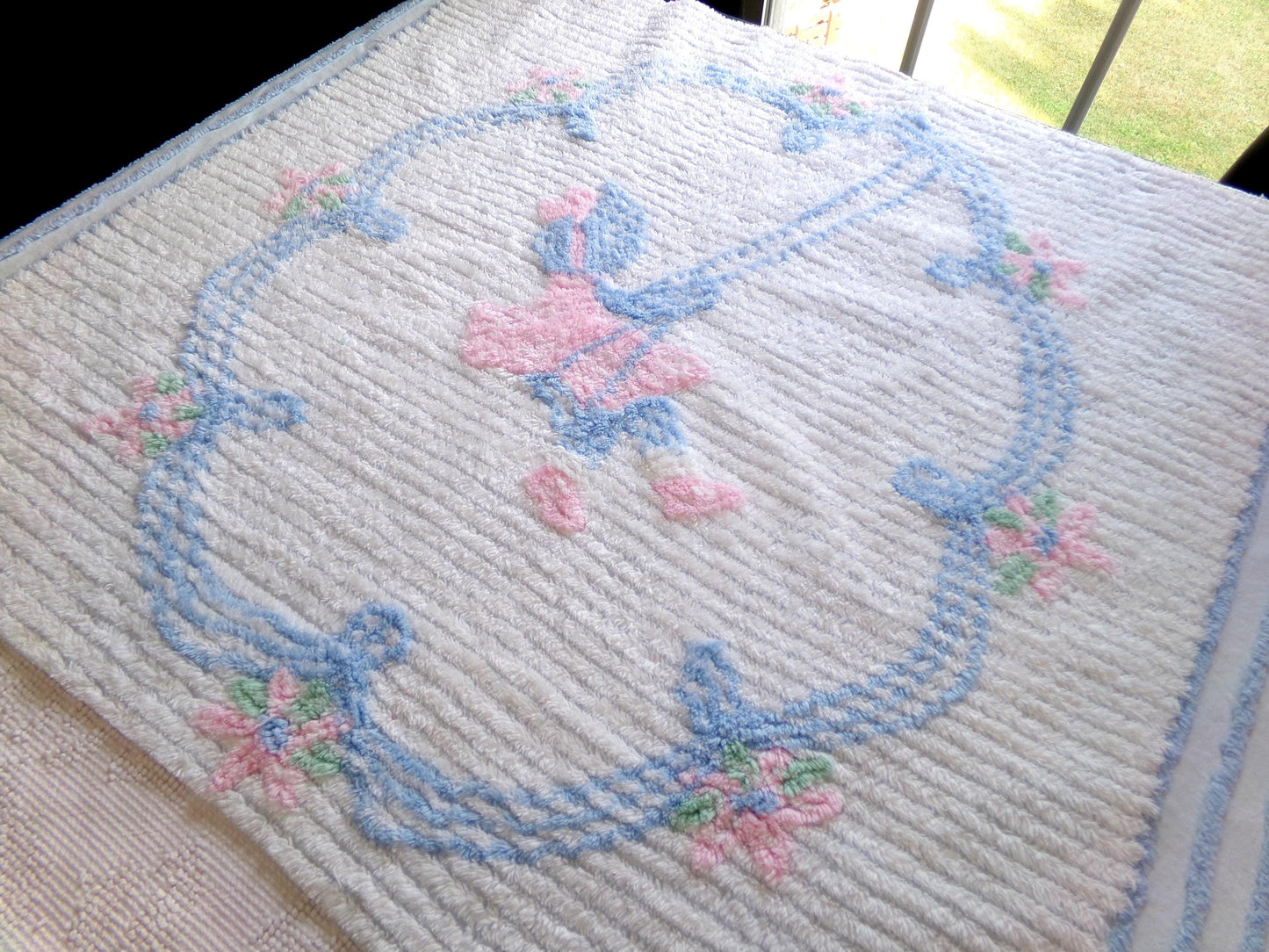 vintage chenille fabric panel: carefree little girl on swing in cameo of pink lilies, 28" x 38" large cut piece