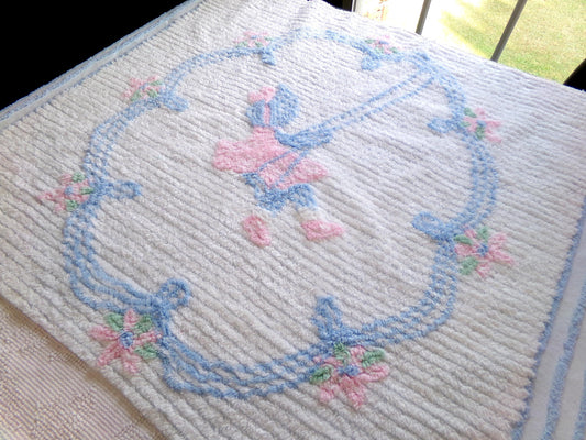 vintage chenille fabric panel: carefree little girl on swing in cameo of pink lilies, 28" x 38" large cut piece
