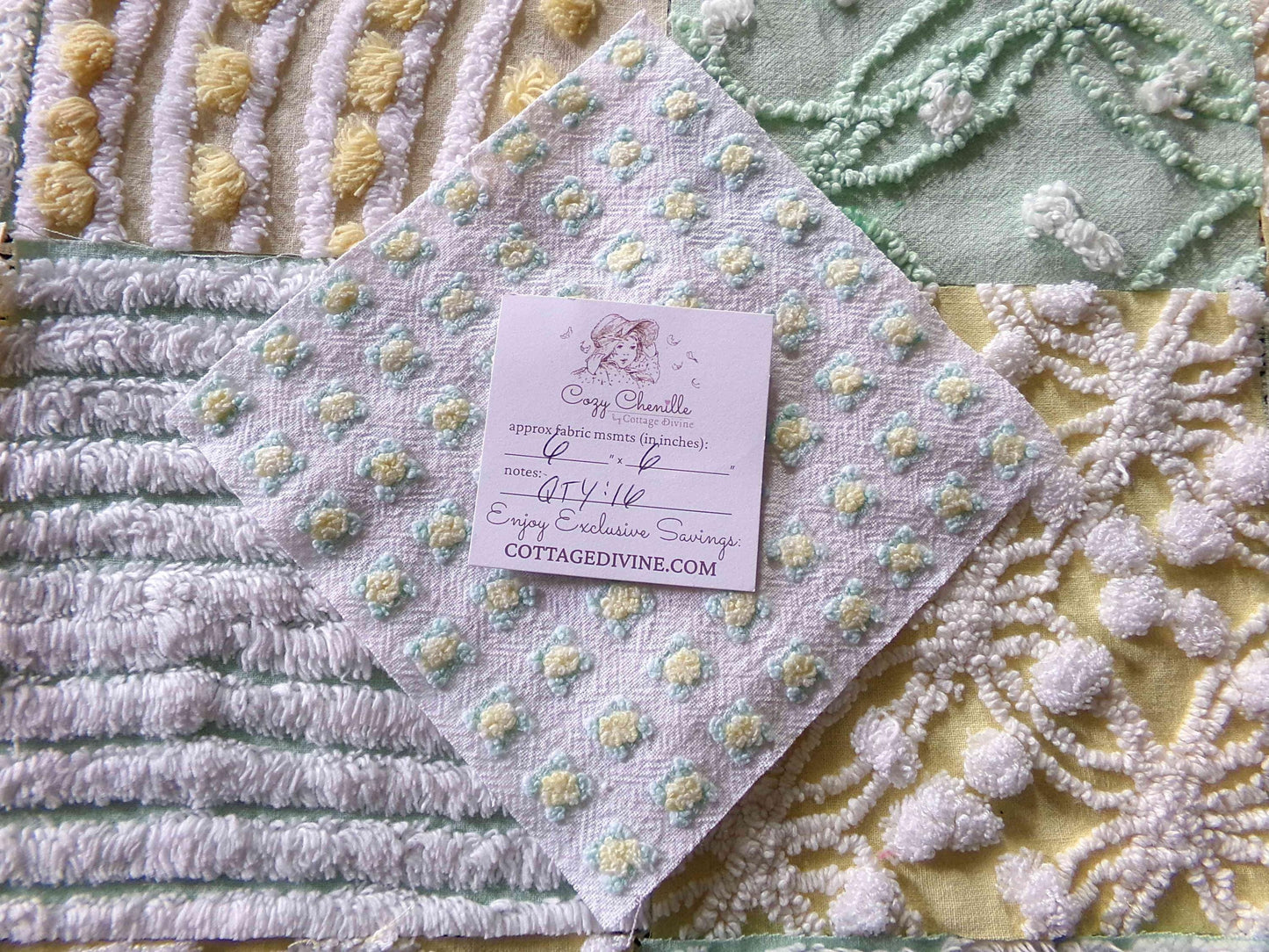 Springtime Fresh Chenille Fabric Squares Set in Yellow, Green & White, 17 Blocks, 6" inch ea, Cheery Stripes, Dots Geometric Designs