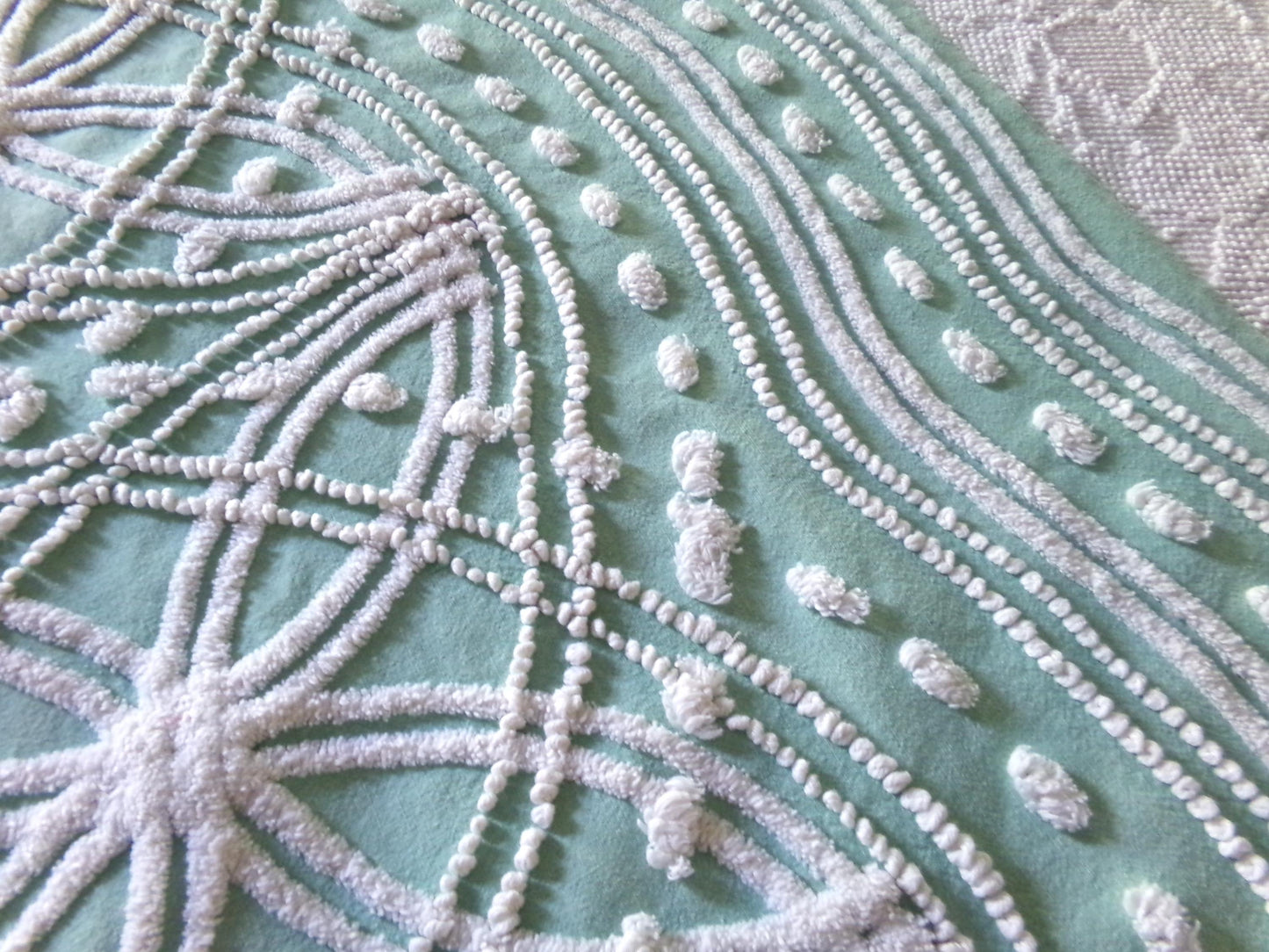 spiderweb jade green vintage chenille fabric, unique texturized web pattern on this 18" x 23" inch piece of sewing material
