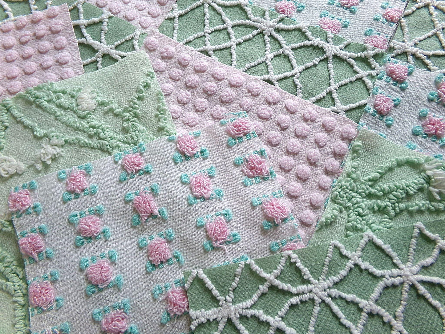 secret garden chenille fabric squares, 16 vintage 6" quilt blocks in pink & green, for sewing, crafts, fiber arts