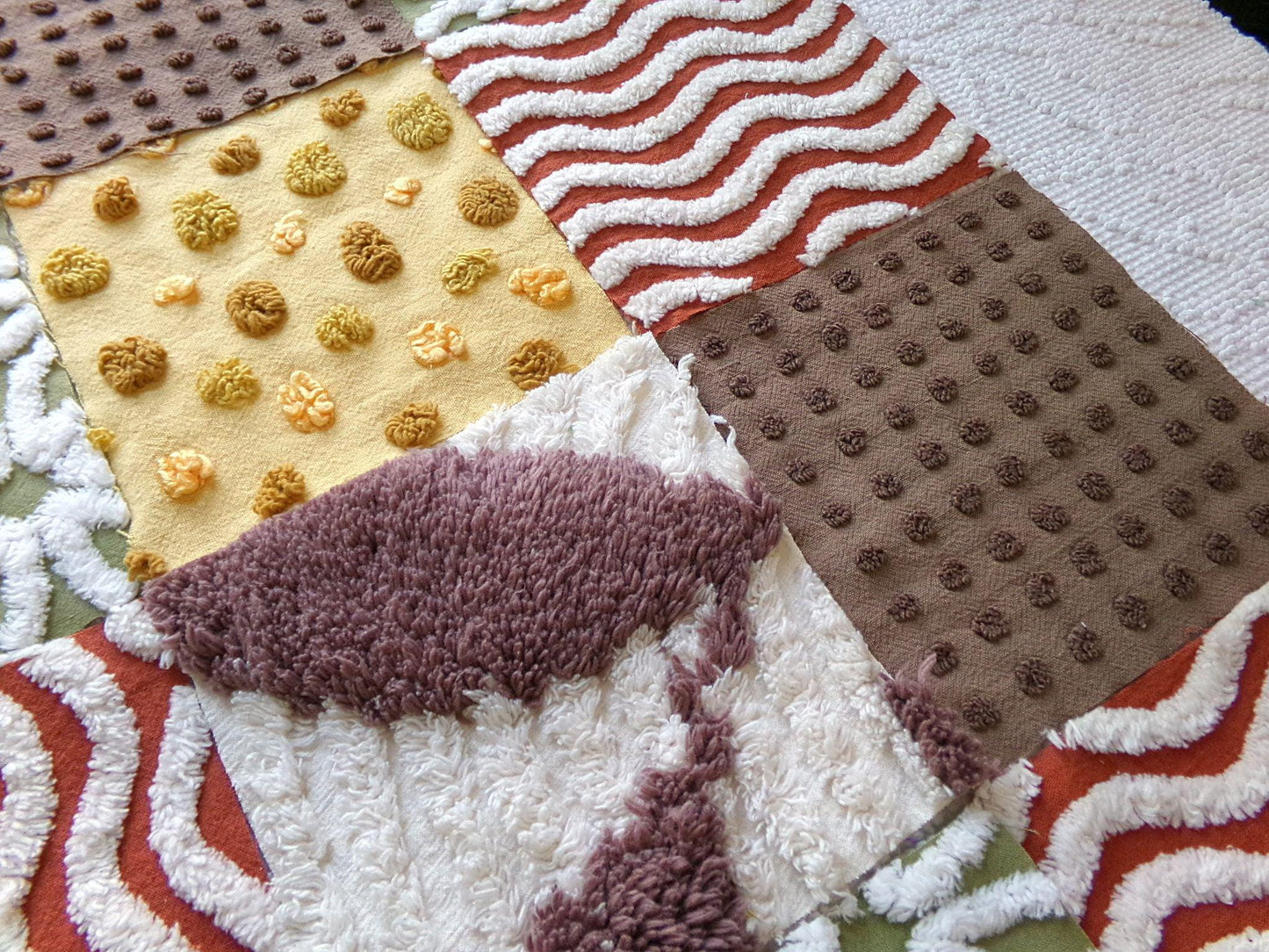 earthtones 6" chenille squares, "autumn winds" set of 16 craft quilt blocks cut in warm boho fall colors for patchwork projects, rag quilts