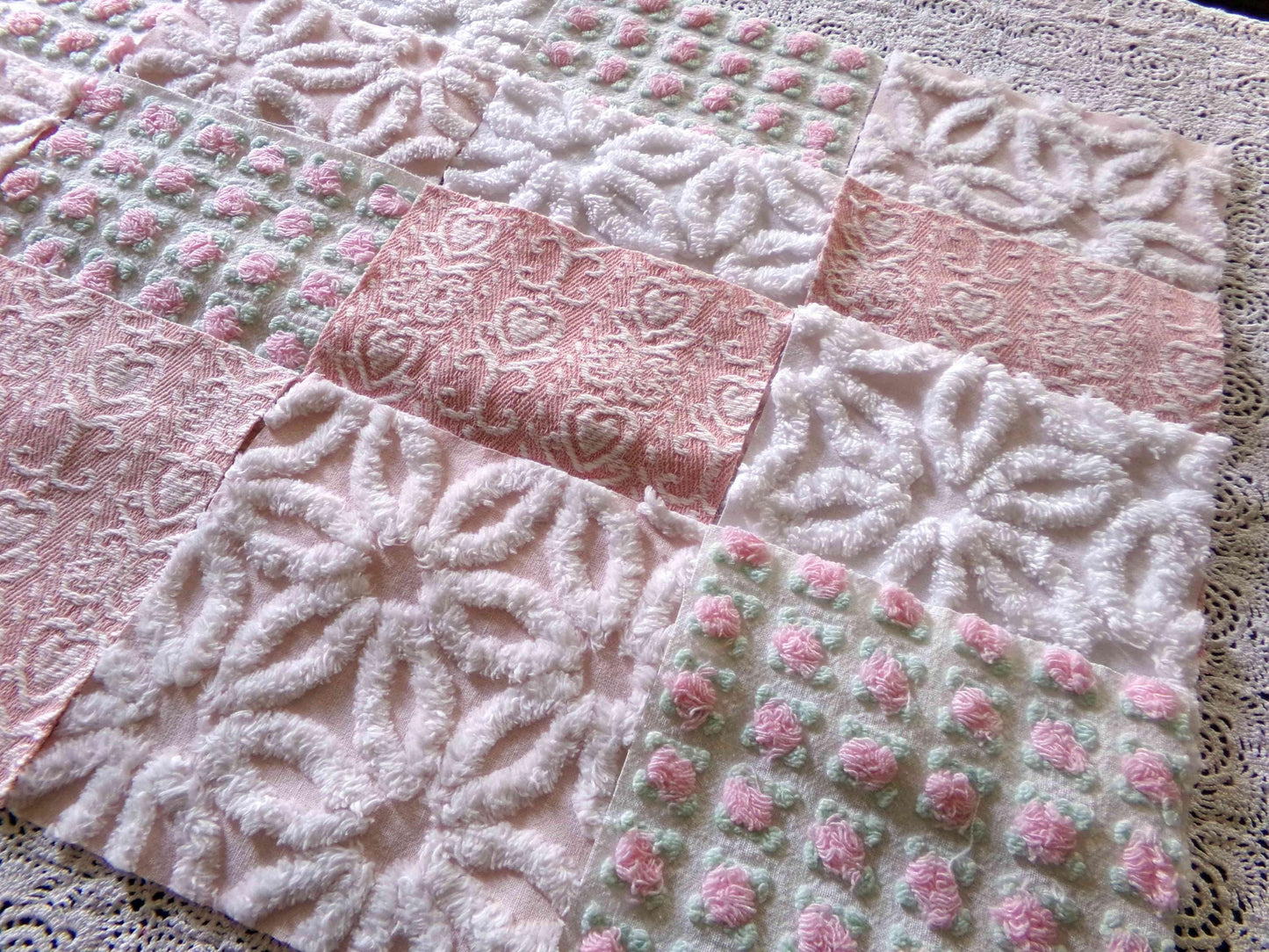 Pink Mix Vintage Woven & Chenille Fabric Squares, Daisy, Rosebud, Hearts Quilt Square Set, 16 Blocks 6" x 6" inch for Pillows, Doll Blankets