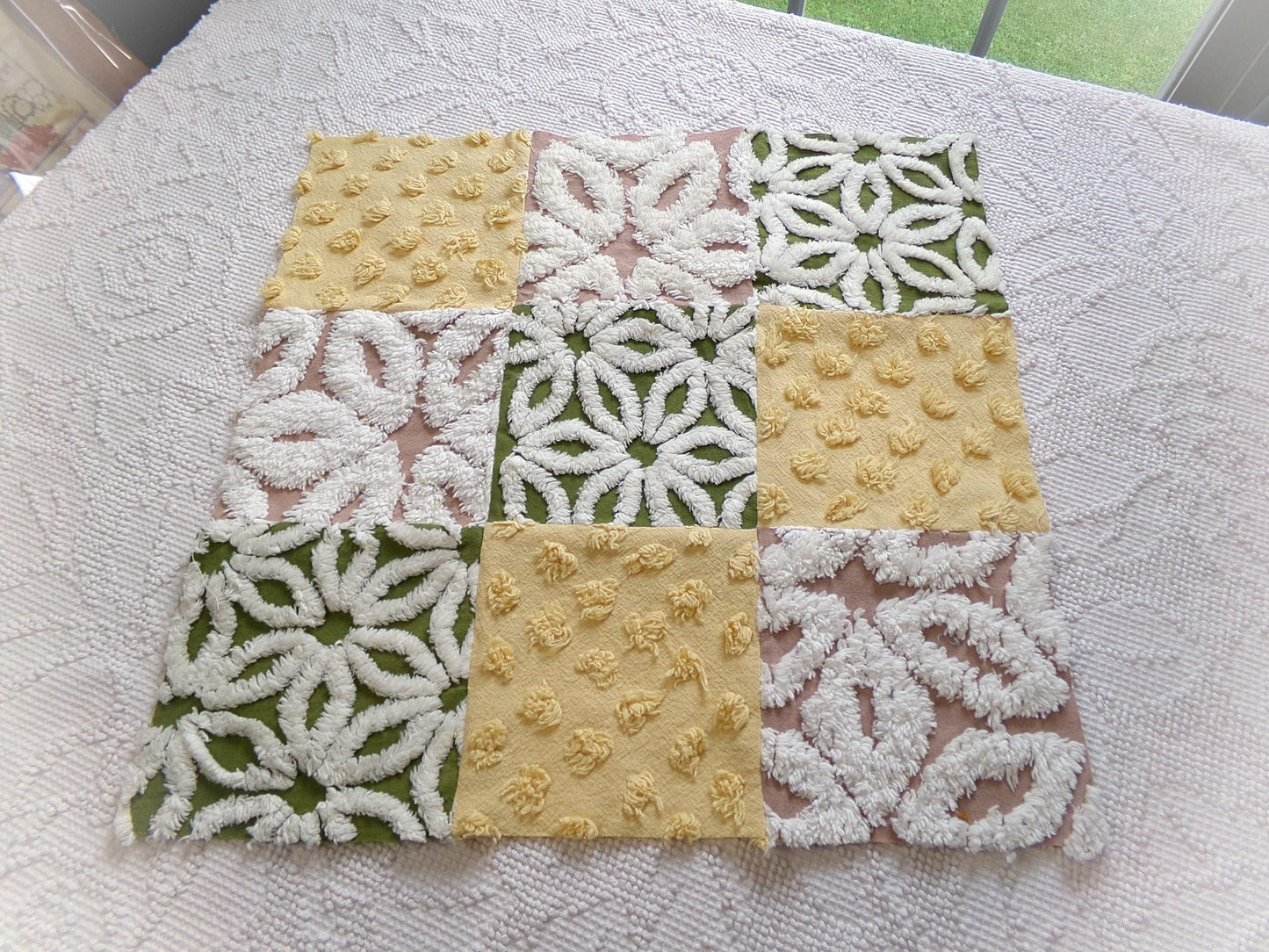 Vintage Patchwork Chenille Fabric Craft Panel - Hippie Boho Style 16" square ideal for Pillows, Quilting, Wall Hangings