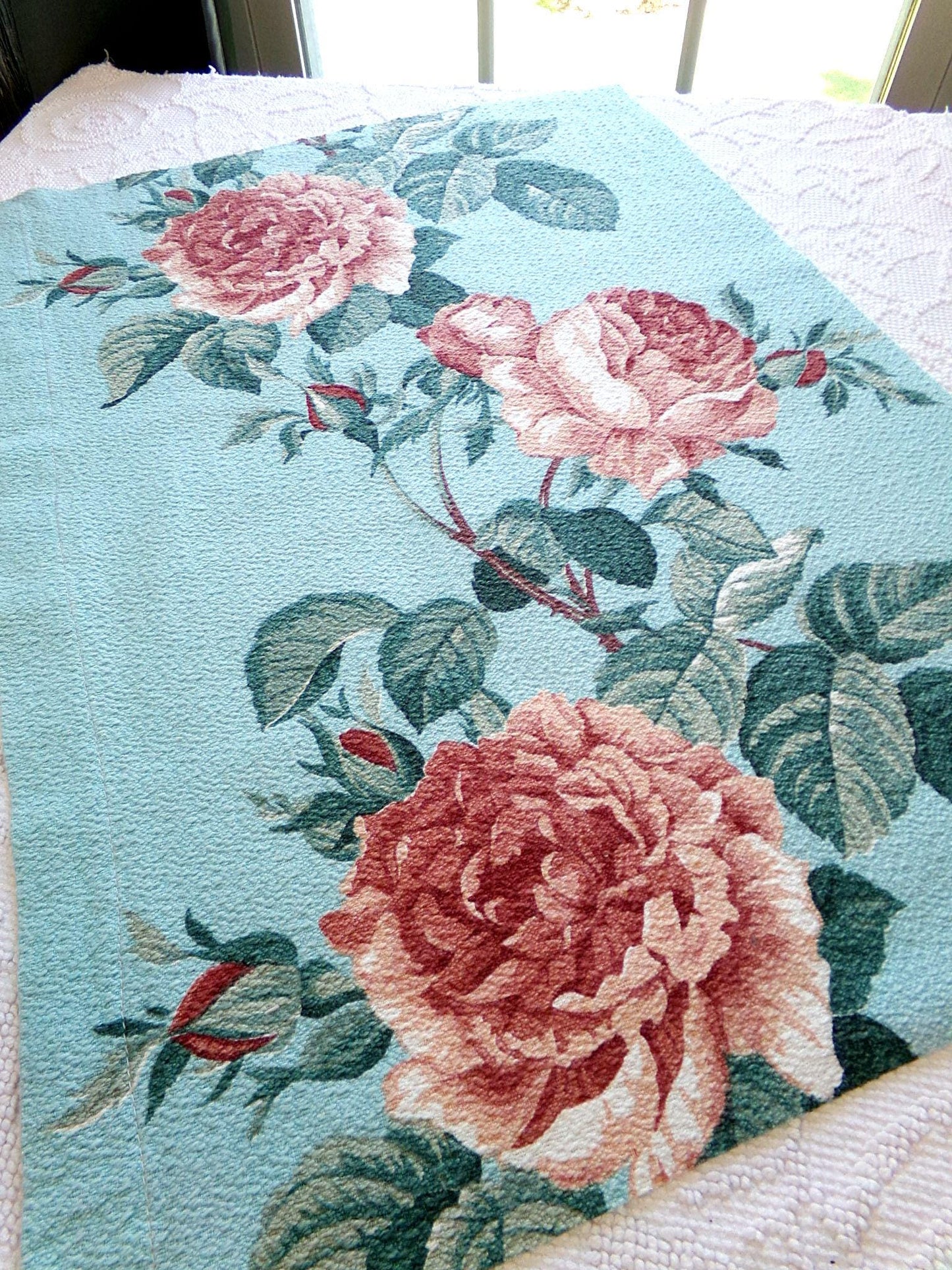 stunning vintage barkcloth fabric in life like rose bloom print, 18" x 26" inch piece from a deconstructed curtain panel