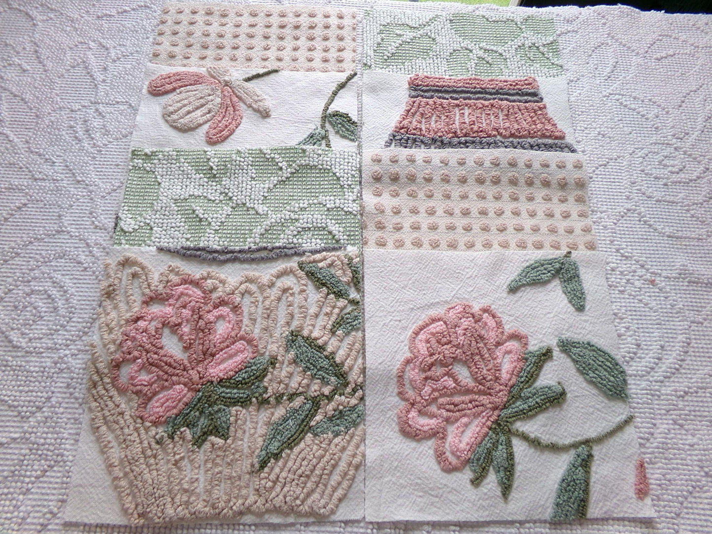 rose garden chenille fabric squares, set of 8 vintage 7.5" quilt blocks, neutrals & chic florals, for sewing, crafts, quilting