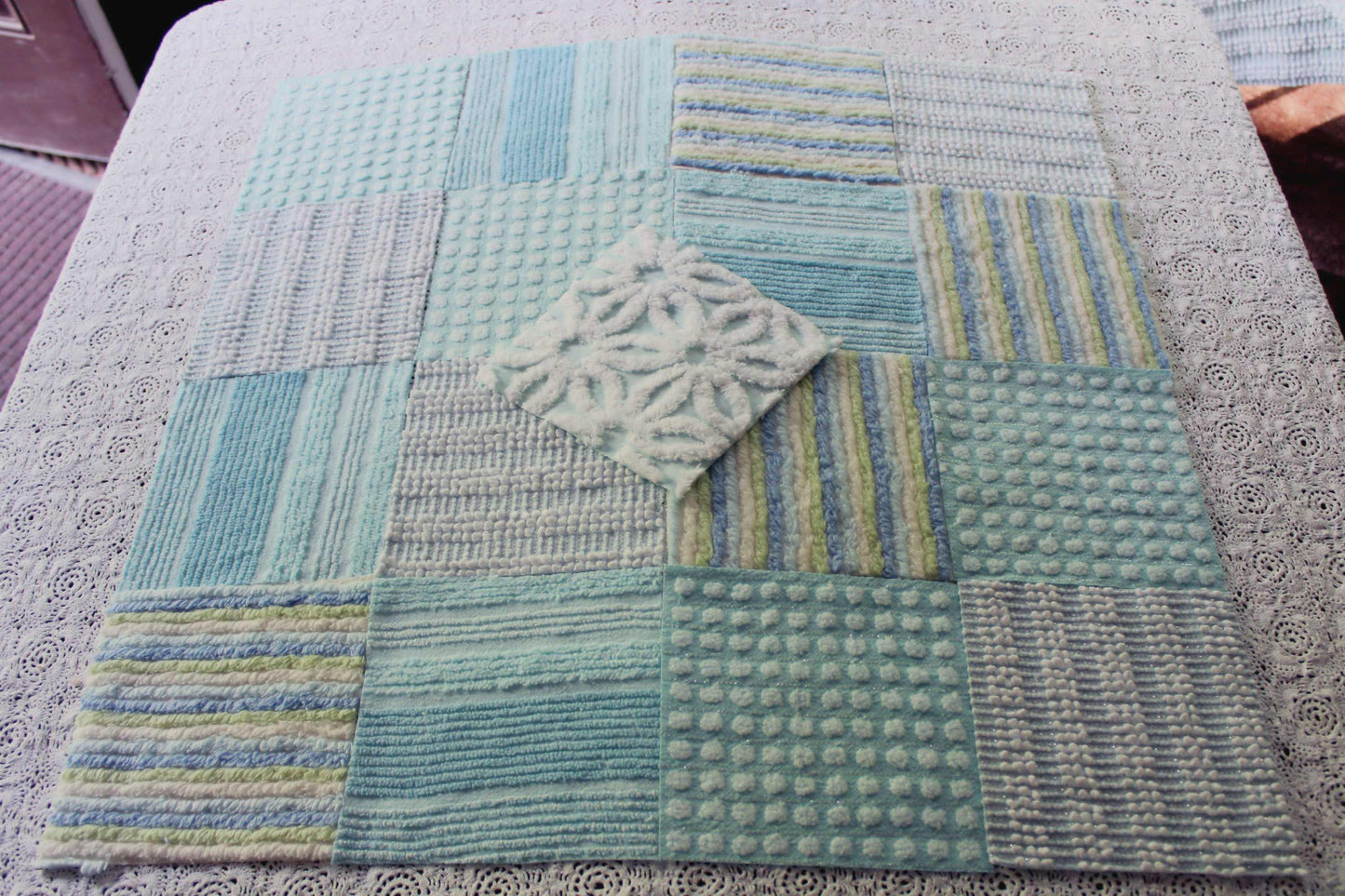 Sea Mist Chenille Quilt Squares Set, from Vintage Bedspread Fabric, 17 Blocks, 6" inch in Coastal Blues, Aqua