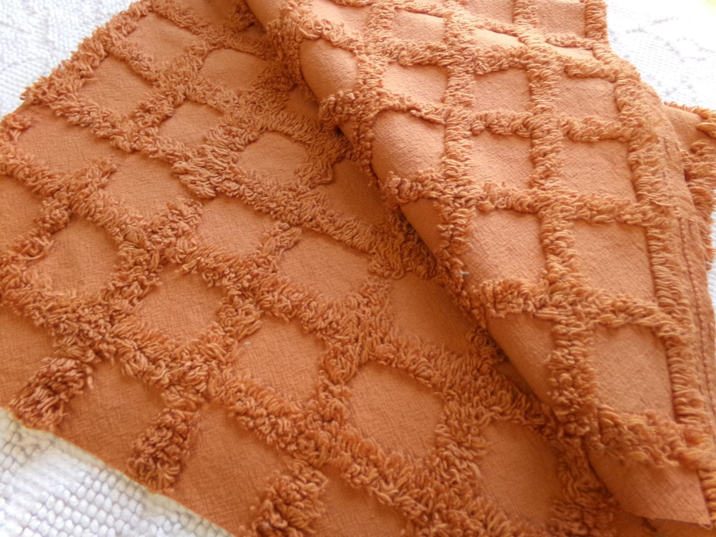 nutmeg pumpkin spice chenille fabric, 20" x 24" boho vintage style sewing material for quilts, crafts in simple windowpane tufted design