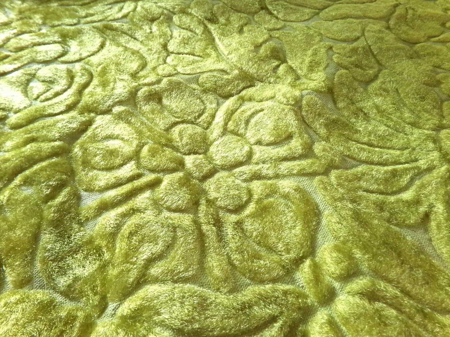 Vintage Cut Velvet Fabric, Bewitching Golden Green Shimmer Sculpted Florals, 24" x 18" inch Piece