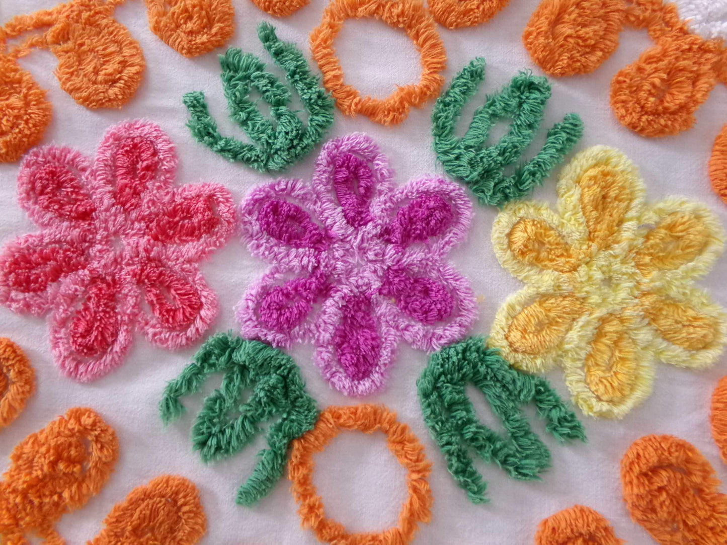 Vintage Chenille Bedspread Quilt Fabric Plush Citrus Orange Swirls & Flowers, 22" x 20" inch piece, Unique Design