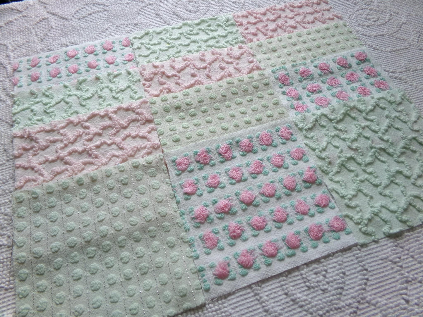 fairytale pink & green chenille fabric squares, set of 12 vintage 6" quilt blocks in crafty girl's dozen, popular squiggles, rosebud, dots