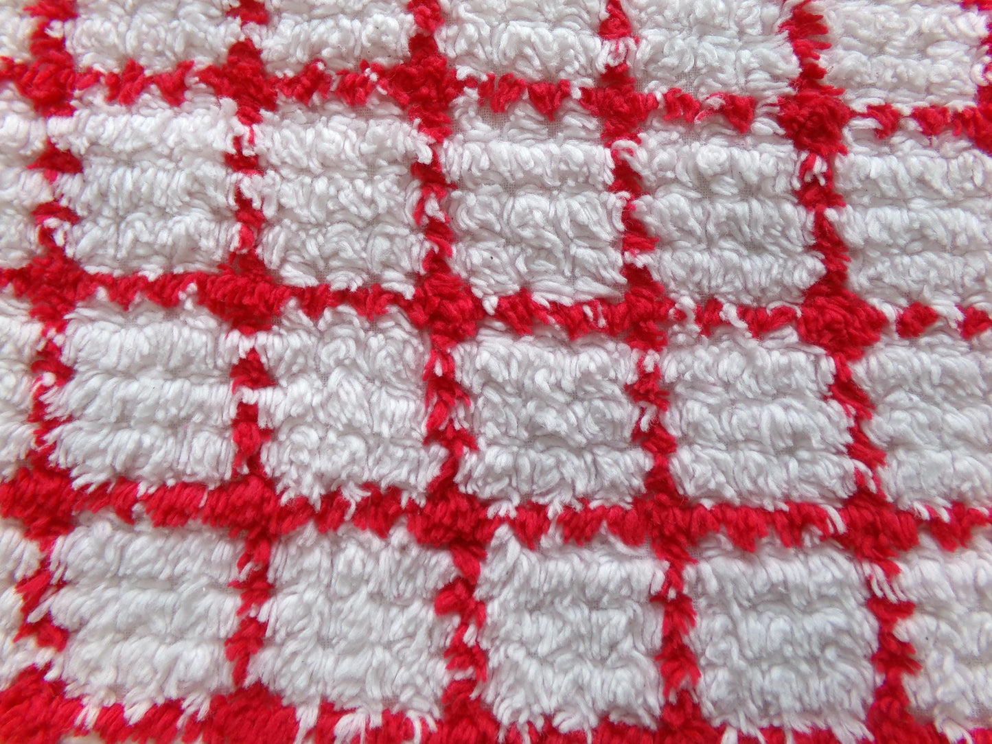 red & white cubes vintage chenille fabric, peppermint micro plaid pattern, 18" x 24" cut piece for xmas stockings, Christmas quilts