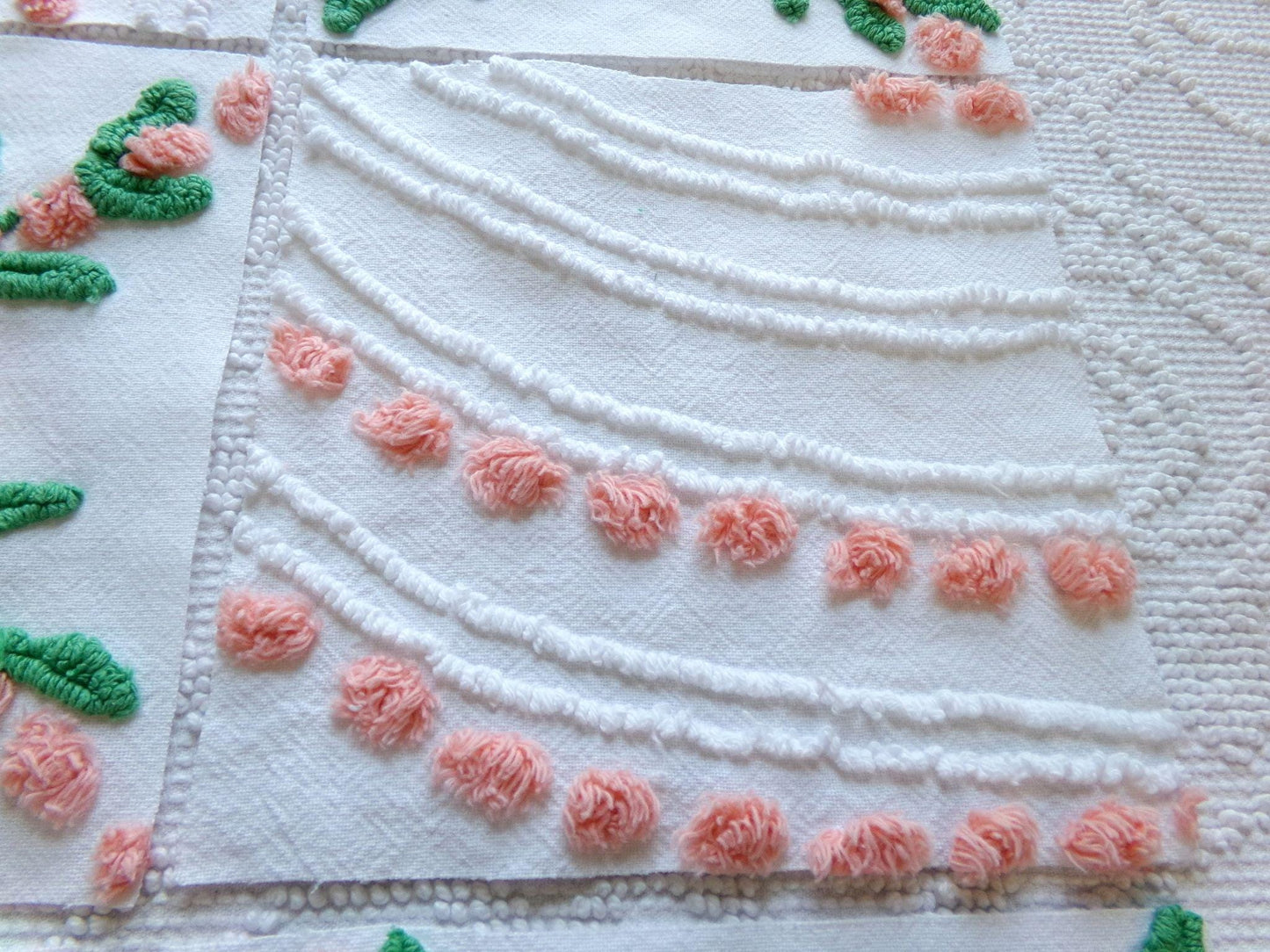 vintage 7.5" chenille fabric squares, set of 6 cottage style quilt blocks, peach, white rose floral & geometric for sewing, crafts, quilting