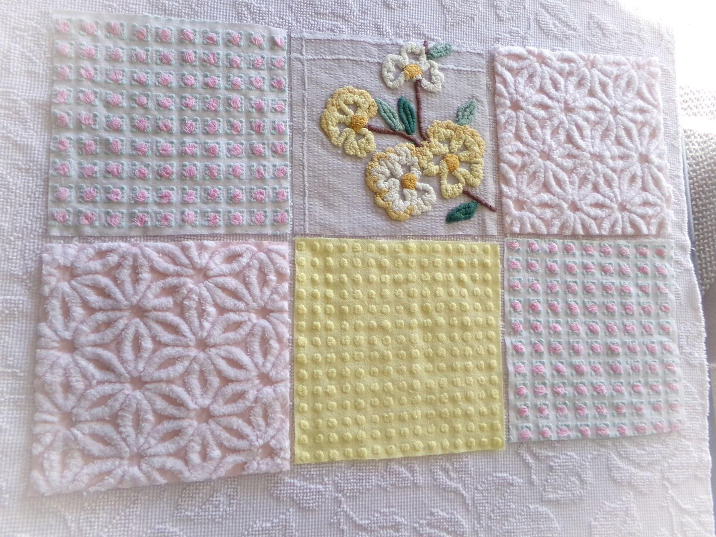 chenille fabric squares, set of 6 big 9.5" square quilt blocks from vintage chenille bedspreads, dainty daisy, pink rosebud, floral, dots