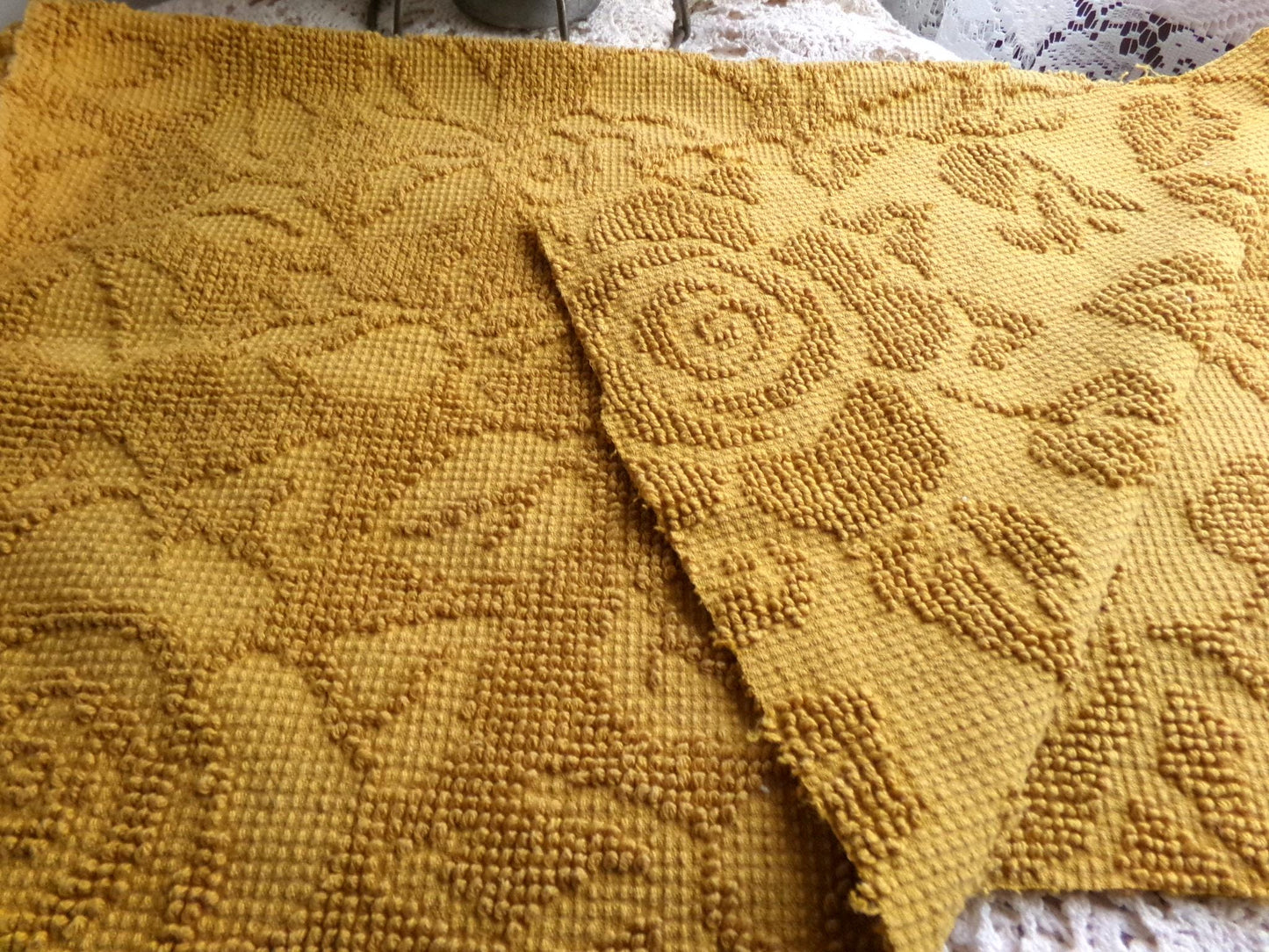 boho rose hobnail chenille fabric, vintage saturated retro harvest gold woven sewing material with pom pom trim 20" x 24" inch reversible pc