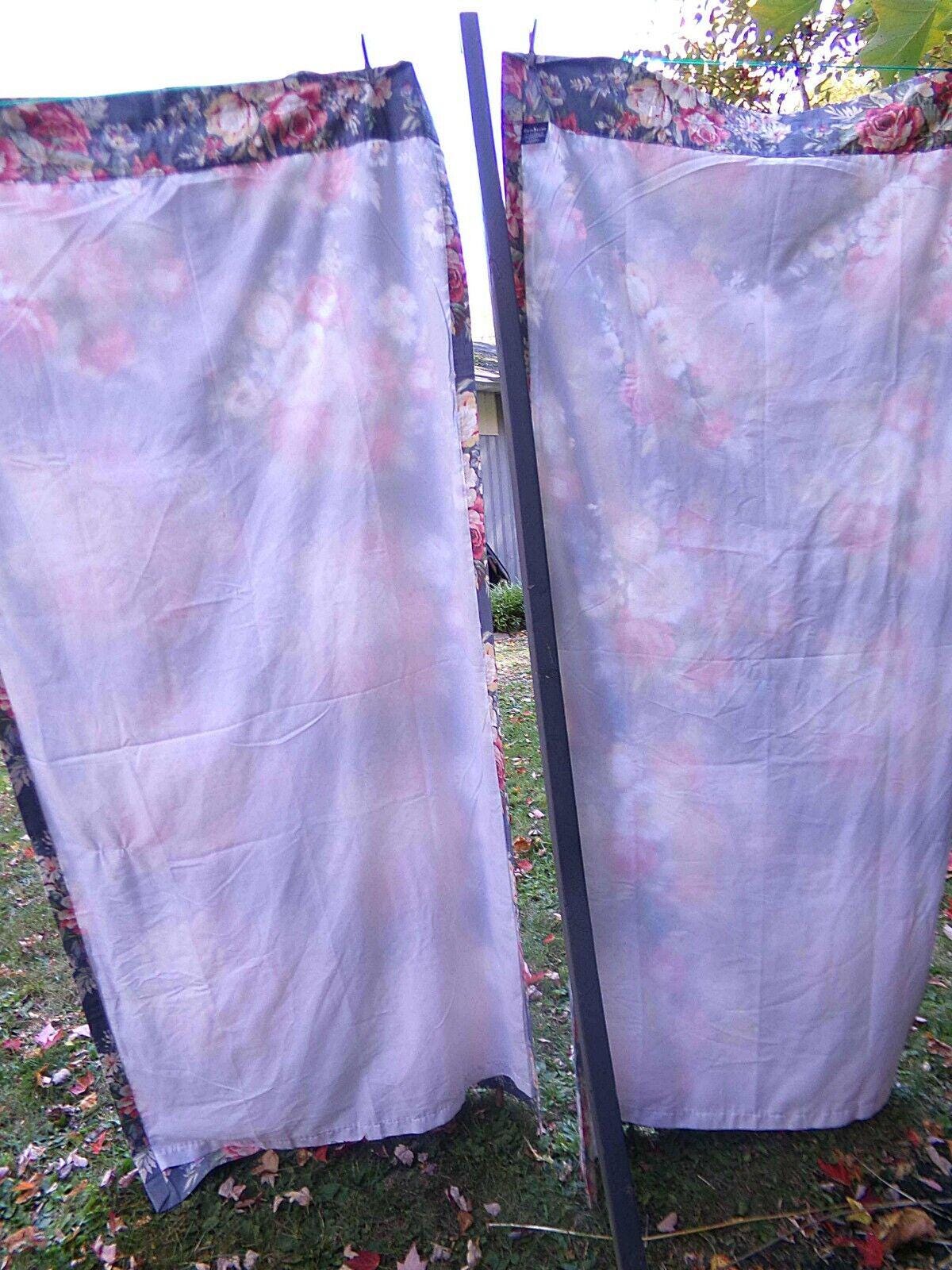 Lot of 3 Pair Ralph Lauren Kimberly Drapes Window Curtains, 6 Panels of Vintage Blue Floral Drapery Panels