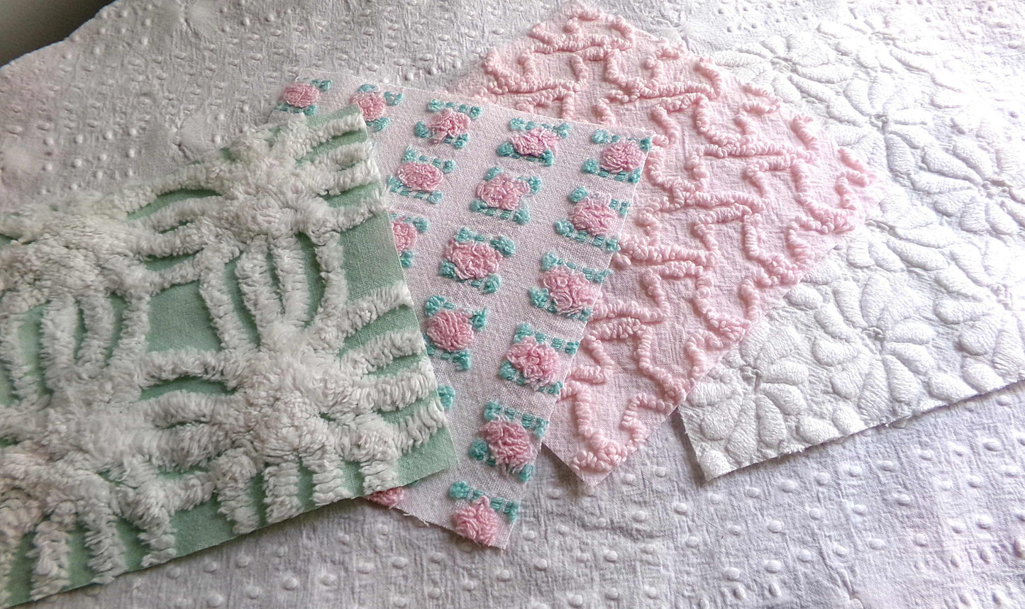 Chenille Squares Set, "Summer Bliss," 16 Vintage Fabric Quilt Blocks, 6" inch in White Daisy, Pink Rosebud, Mint Green, Squiggles