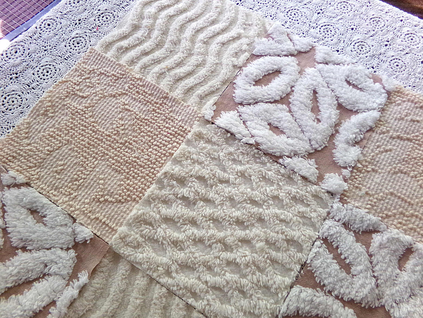 Creamy Neutrals Texturized Trendy Fabric Squares Set, Rotary Cut from Vintage Chenille Bedspread Fabric, 16 Blocks, 6" x 6" inch each