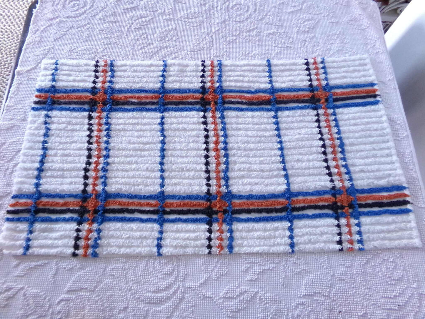 Vintage Chenille Fabric in a Unique Geometric Design, 28" x 15.5" inches, Masculine Black, Rust & Blue on White Cotton
