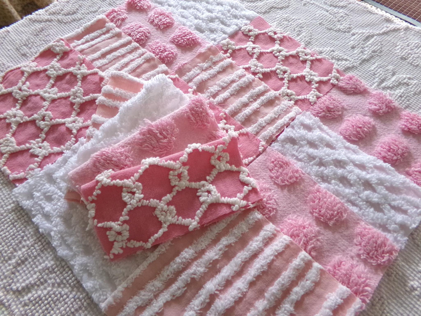 fun pink vintage chenille fabric squares, set of 16 quilt blocks, 6" x 6" inch, textured material ideal for rag quilts & patchwork pillows