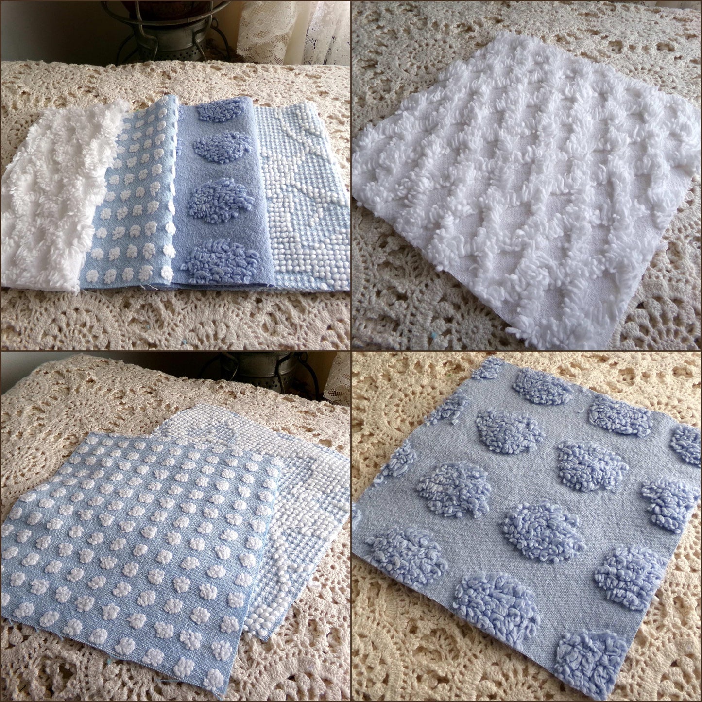 Cool Blues Chenille Fabric Squares for Quilting & Crafts in Vintage Blue, White - 16 Rotary Cut Blocks, 6" x 6" inch