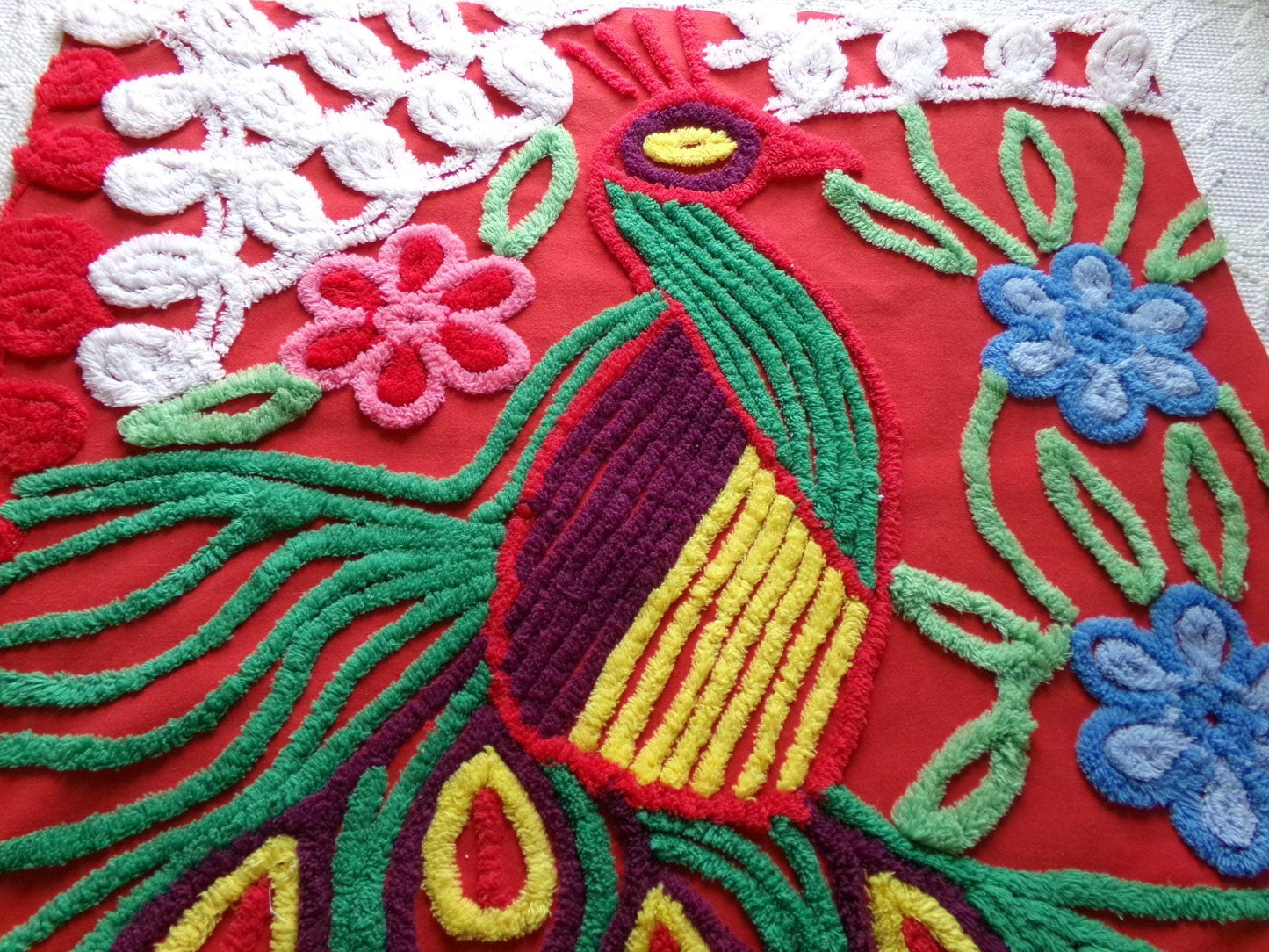 peacock vintage chenille fabric panel in saturated red, exotic material for a wall hanging or pillow, 23" x 24" inch piece