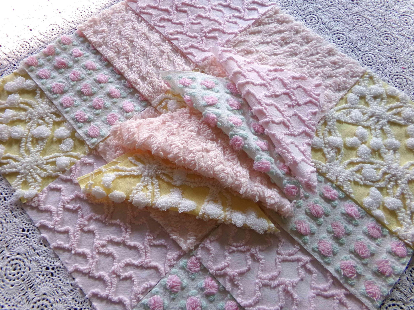 Whispers of Spring Vintage Chenille Fabric Squares Set 16 Blocks, 6" inch ea in Peach, Yellow, Pink & White daisies, rosebud, lattice, pops