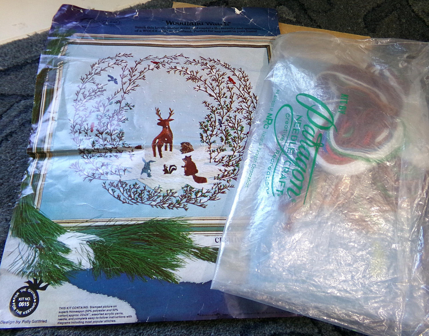 WOODLAND WATCH Vintage Crewel Embroidery Kit, Whimsical Winter Wonderland Nature Scene, Paragon Needlecraft 0615, Polly Gottfried