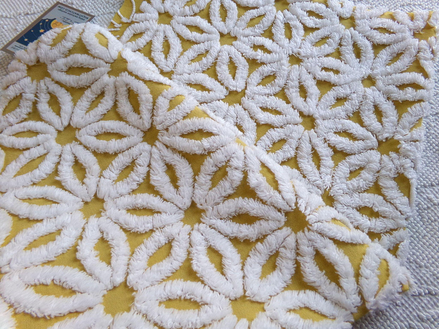 boho style vintage chenille fabric, white daisy on harvest gold, 20" x 24" inch piece of cotton sewing material for quilting & crafts