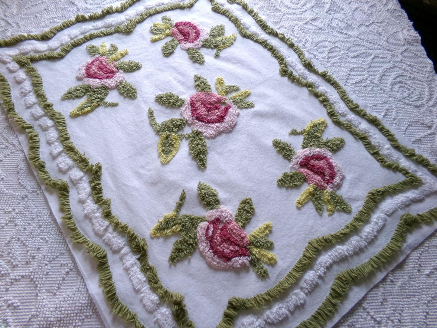 victorian style rose vintage chenille fabric, 19" x 25" inch piece of cotton sewing material, great for pillows & crafts