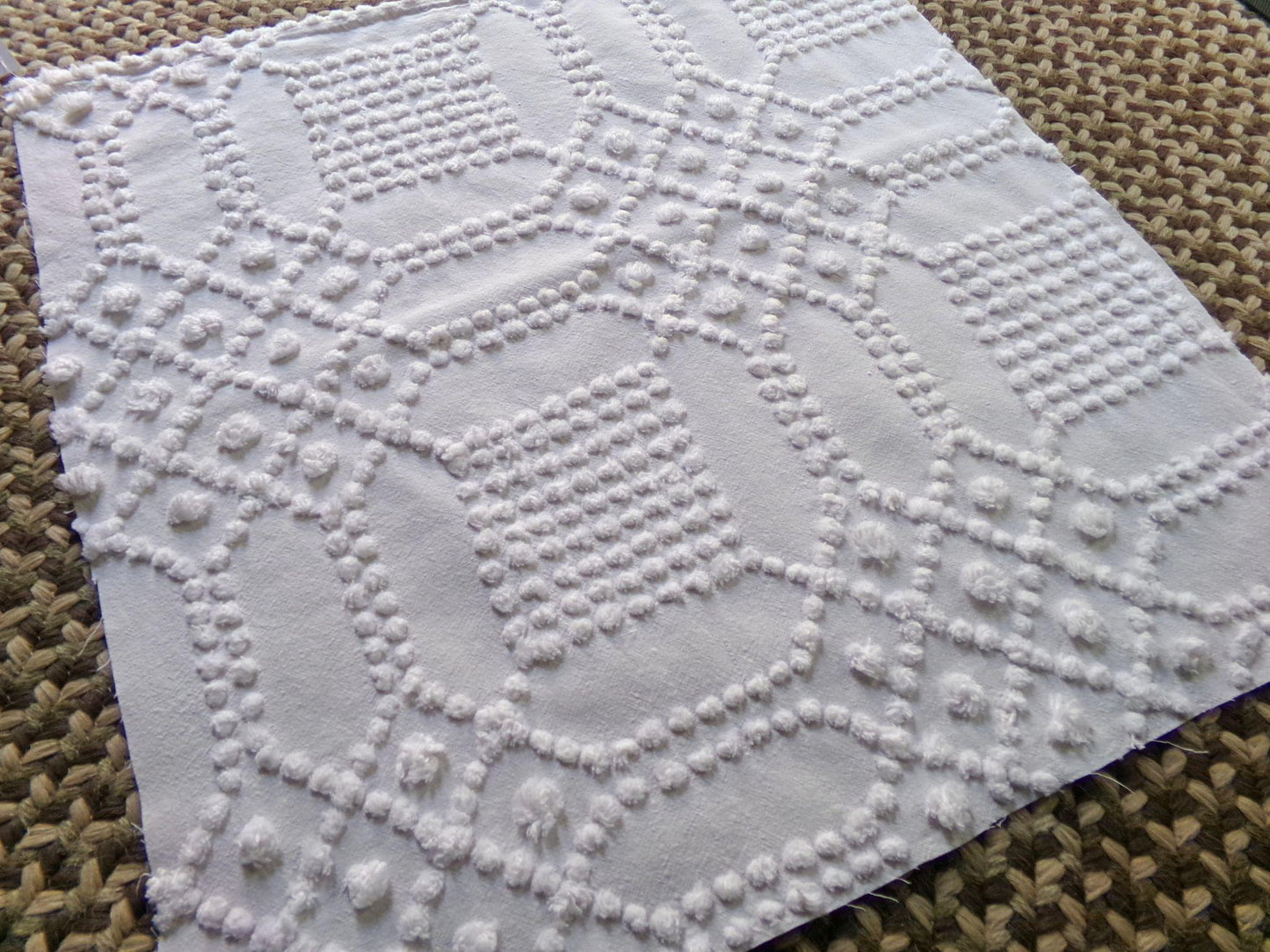 contemporary cosmic white vintage chenille fabric, intricate geometric handtufted sewing material, 22" x 23" piece great for pillows, quilts