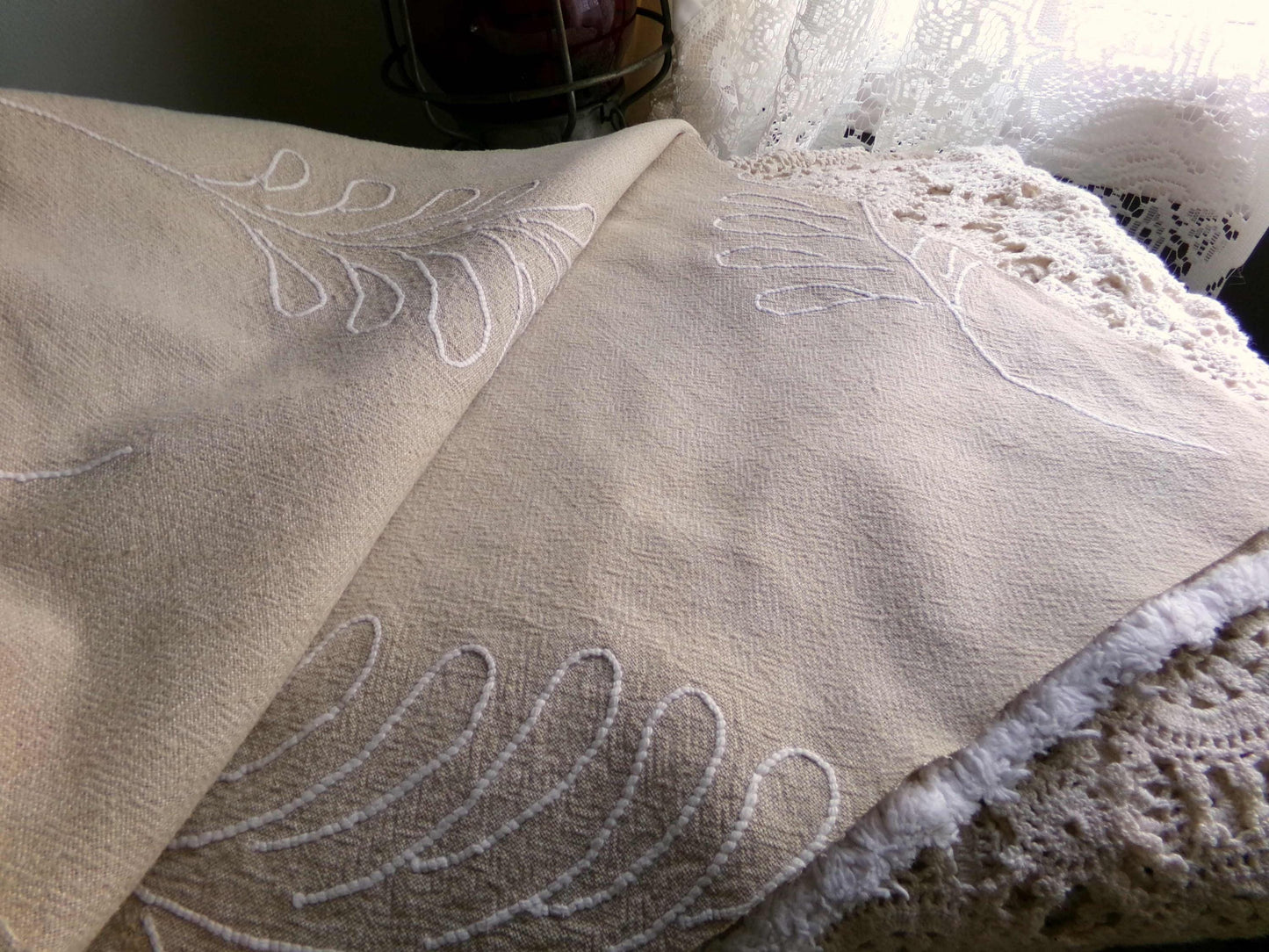 falling leaves vintage chenille fabric, 24" x 21" inch piece, simple shabby needletuft large leaf design on mocha