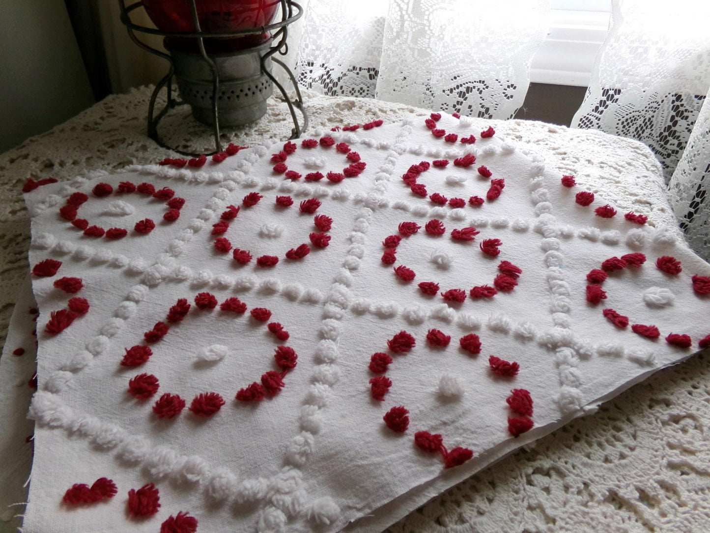 ruby red rings in white diamonds vintage chenille fabric, charming antique handtufted 20"x 25" inch piece of sewing & quilt material