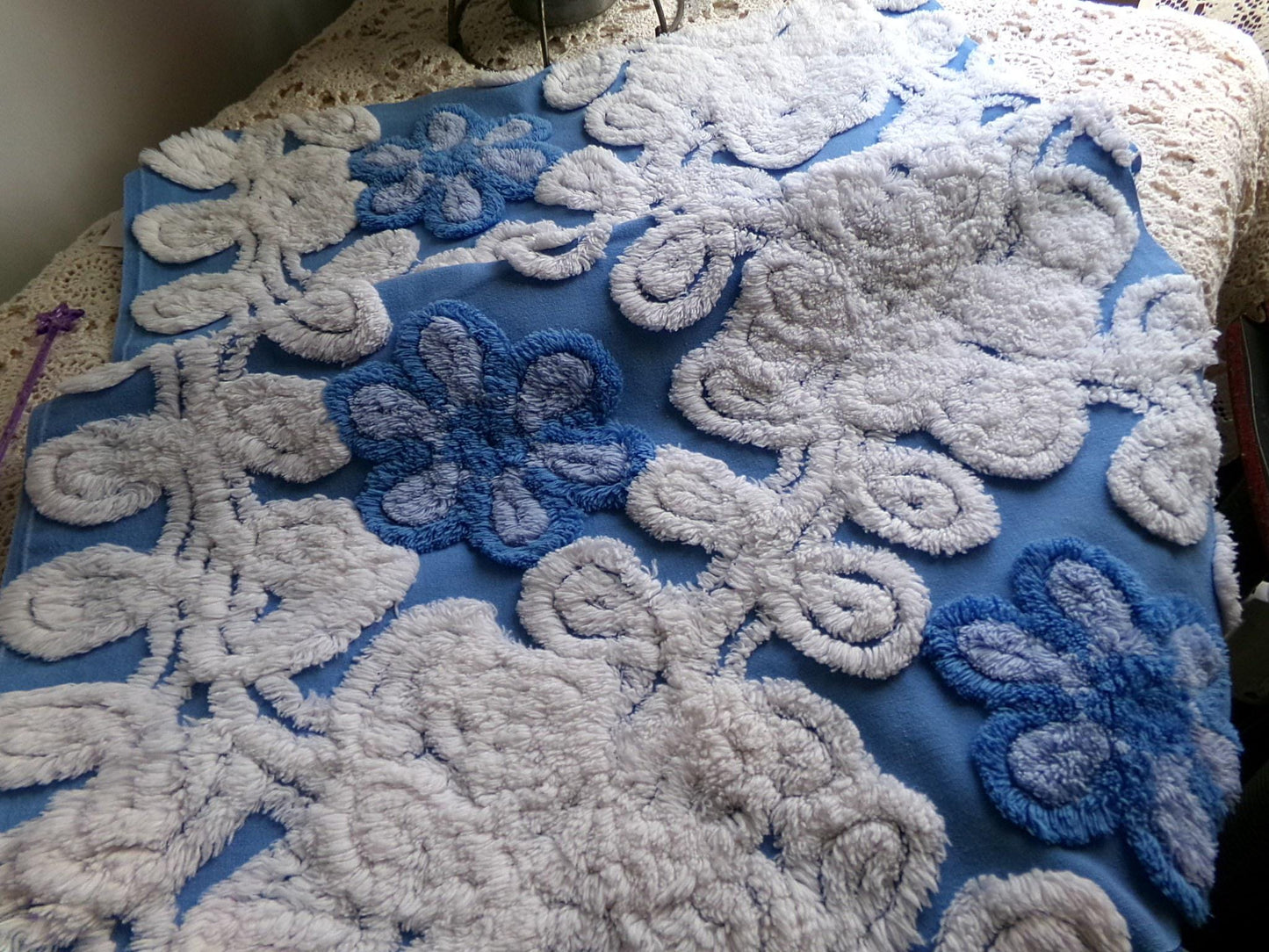 coastal cute blue chenille fabric, plush white swirls surround single flowers, 18" x 24" inch piece of vintage sewing material