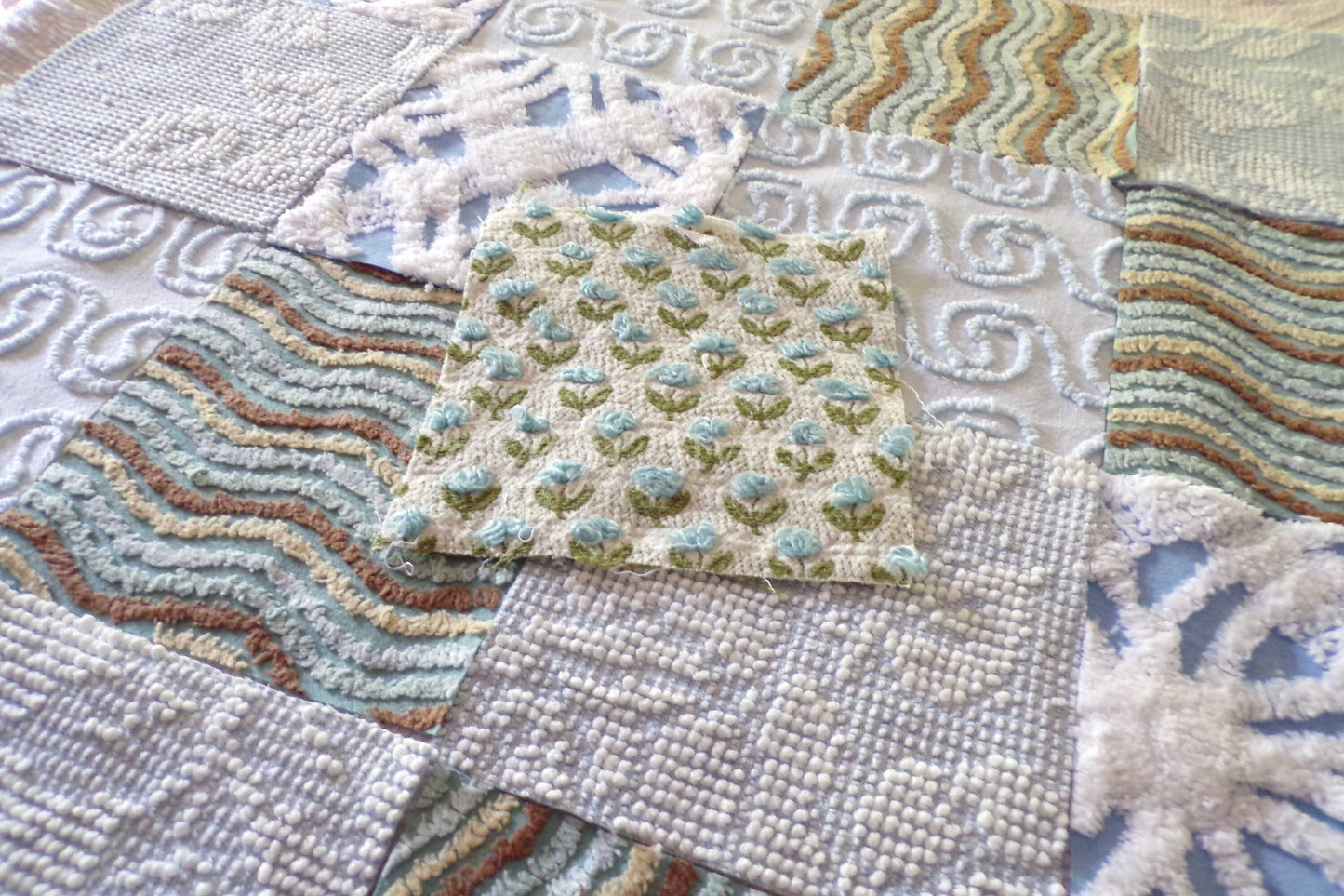 Breezy Blues Fabric Squares from Vintage Chenille Bedspread Fabrics, 17 Blocks Set, 6" x 6" inch, for Slow Stitching, Junk Journals, Quilt