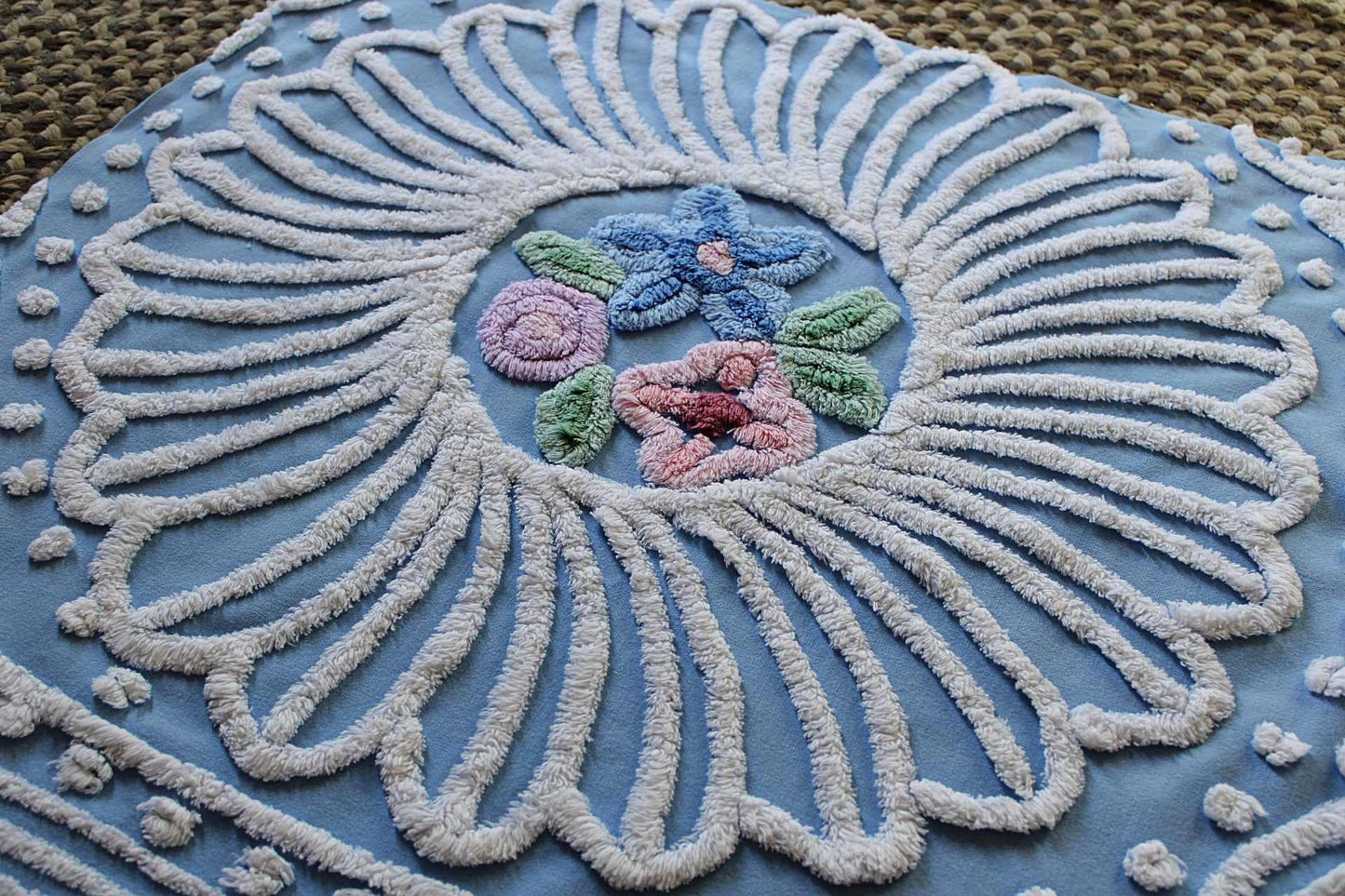 shabby chic vintage chenille fabric, exquisite daisy floral design, 37" x 23" piece, 100% cotton sewing material for wall hanging, quilts