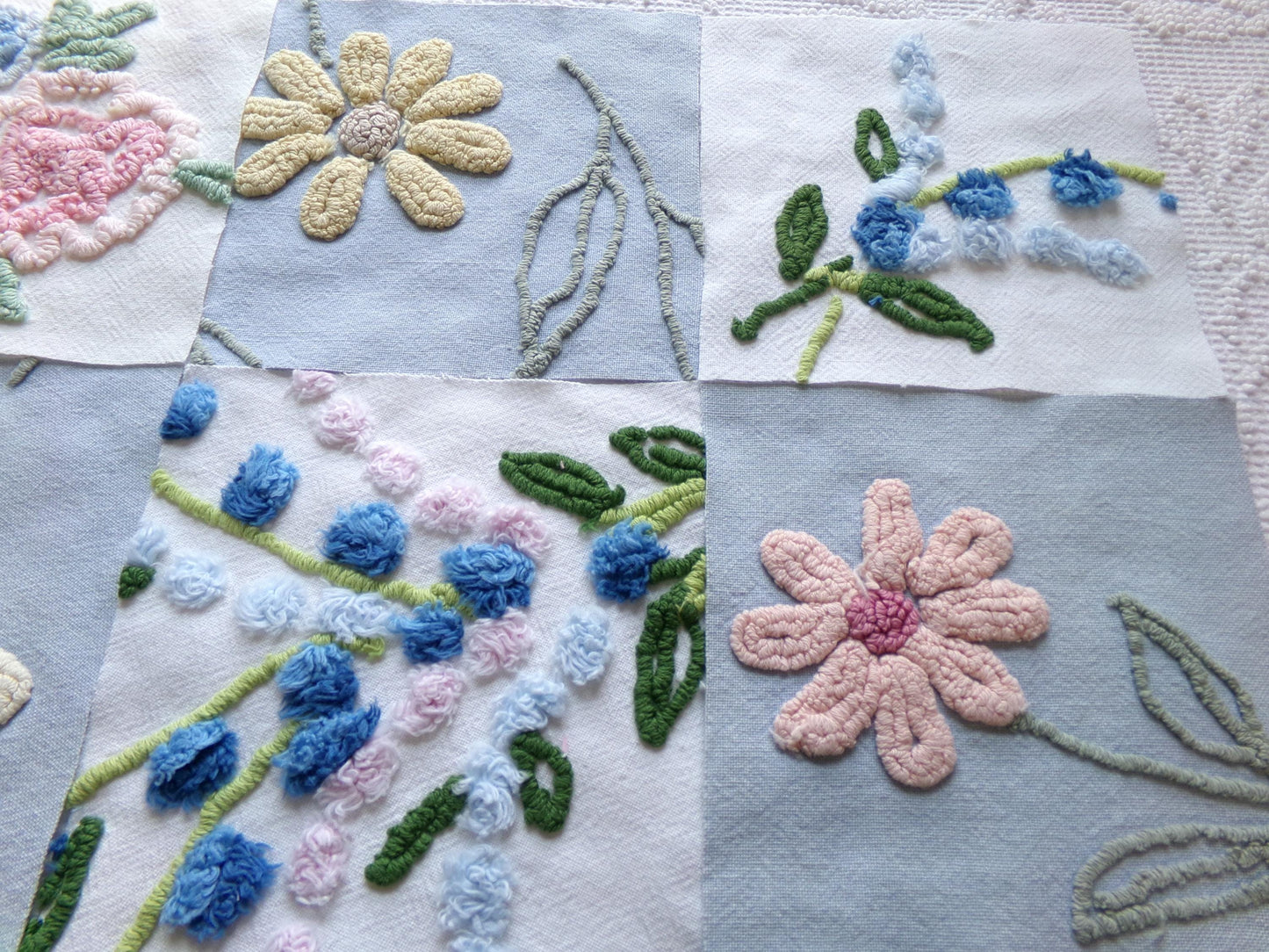 vintage chenille fabric squares, "barefoot in the meadow" set of 16 floral 6" quilt blocks in sky blue daisy, lupine flowers & roses