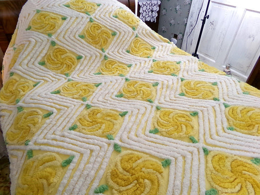 golden rose vintage chenille bedspread, plush pinwheel yellow cabbage rose design, full size cotton bedding