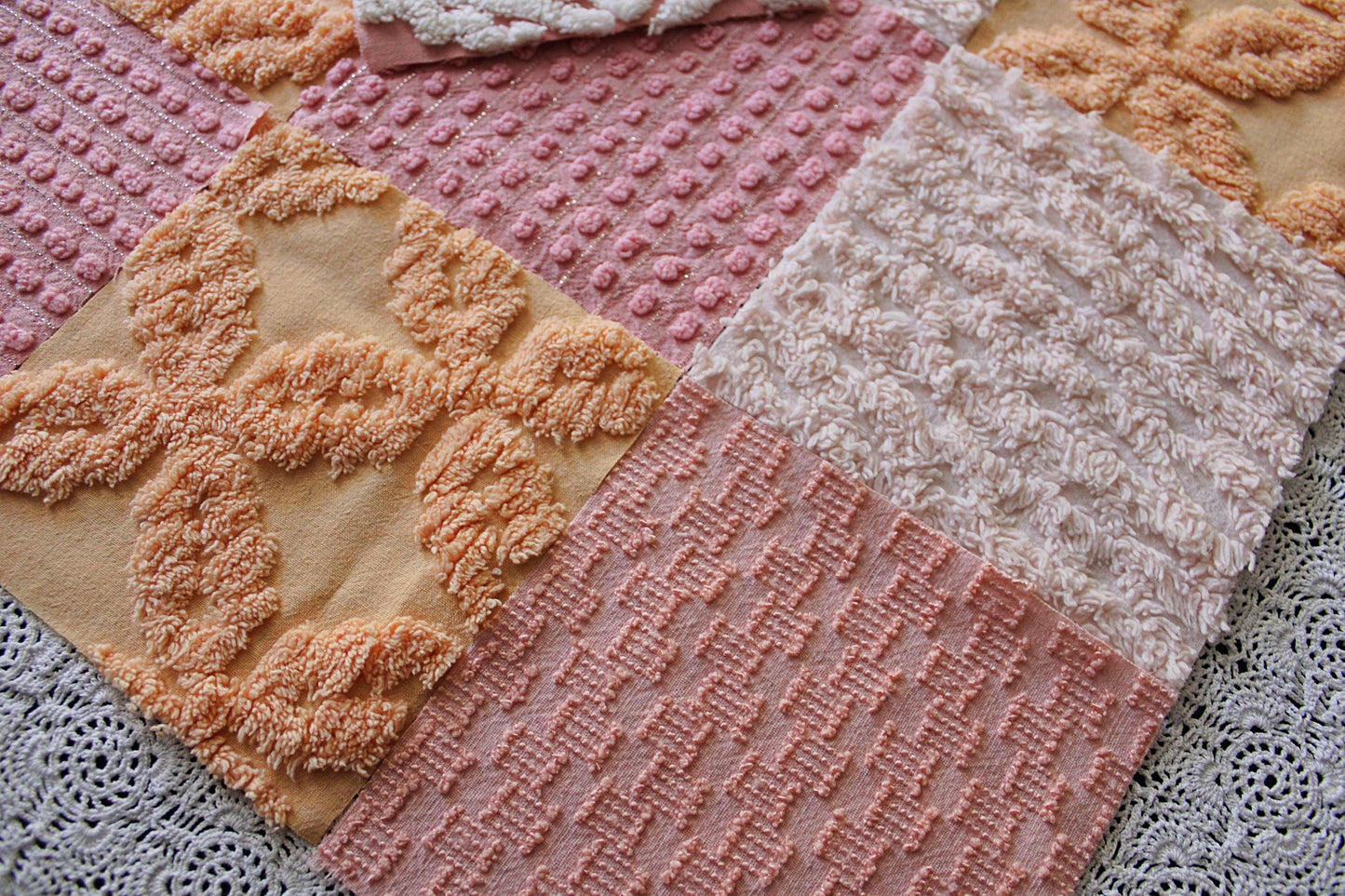peach nectar vintage chenille fabric squares, set of 16 geometric 6" quilt squares in texturized geometric designs