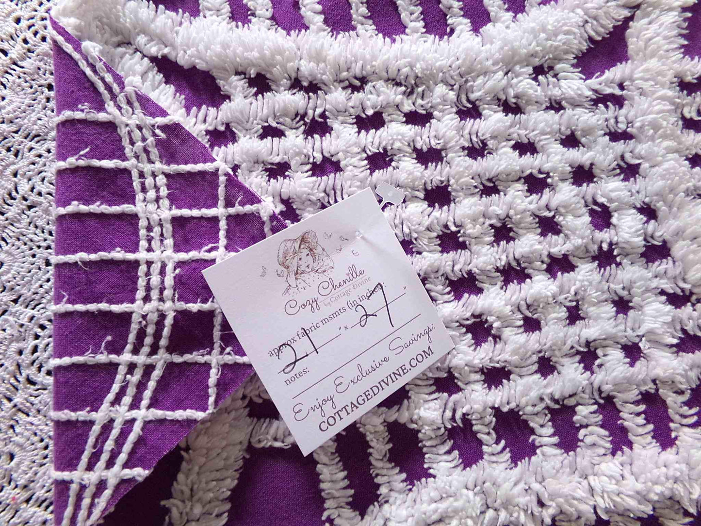 Grape Purple Vintage Chenille Fabric, 21" x 27" inch Piece, Unique Retro 1970s Vibes