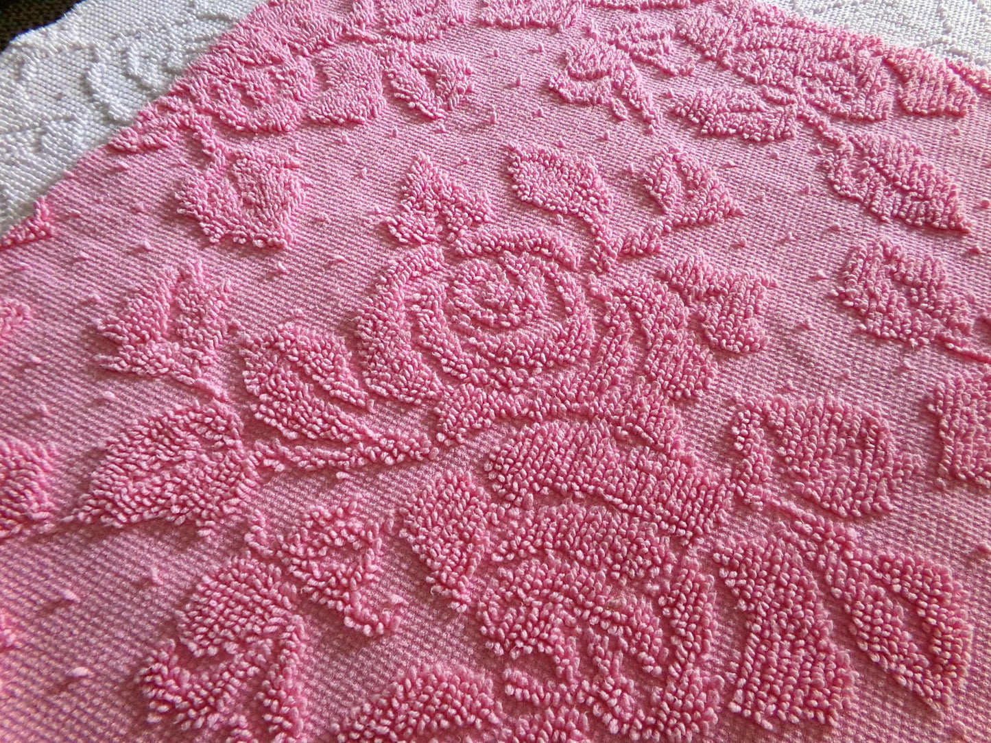 Romantic Pink Rose Dot Vintage Fabric, Reversible Chenille Woven Hobnail Design, 19" x 25" inches,
