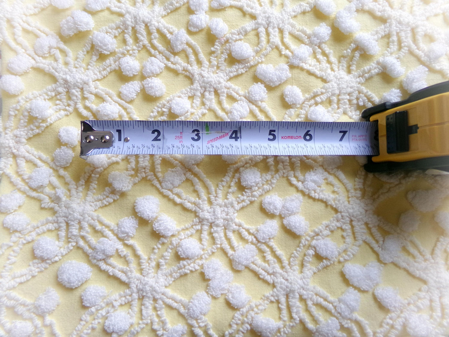 sunny yellow vintage chenille fabric, 20" x 24" piece of craft material for sewing, quilting in white overtufted pops & spider ring pattern