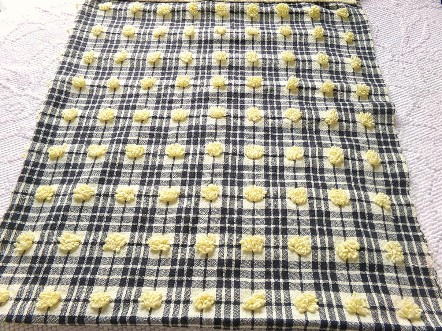 unique black plaid vintage chenille fabric, 18" x 24" piece of sewing material w/ yellow pops
