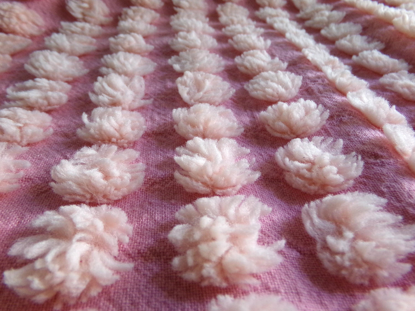 fluff puff pops chenille fabric, cute oversize bobbles on pink rose, 20" x 30" inch piece great for chenille quilts & sewing projects