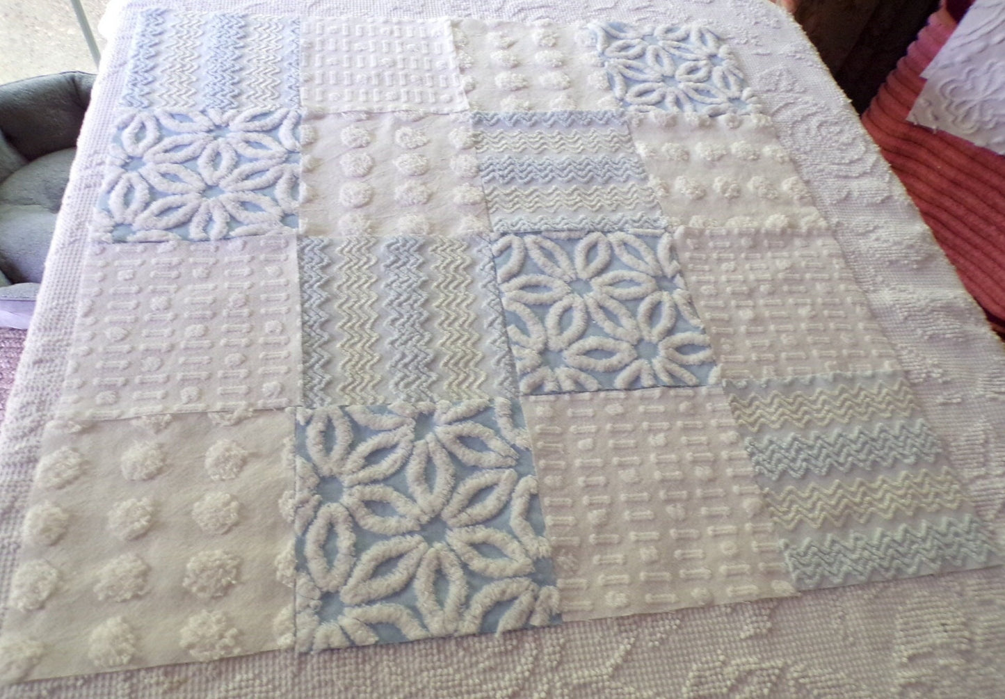 Cool Blue & White Quilt Squares Set, Rotary Cut from Vintage Chenille Bedspread Fabric, 16 Blocks, 6" x 6" inch