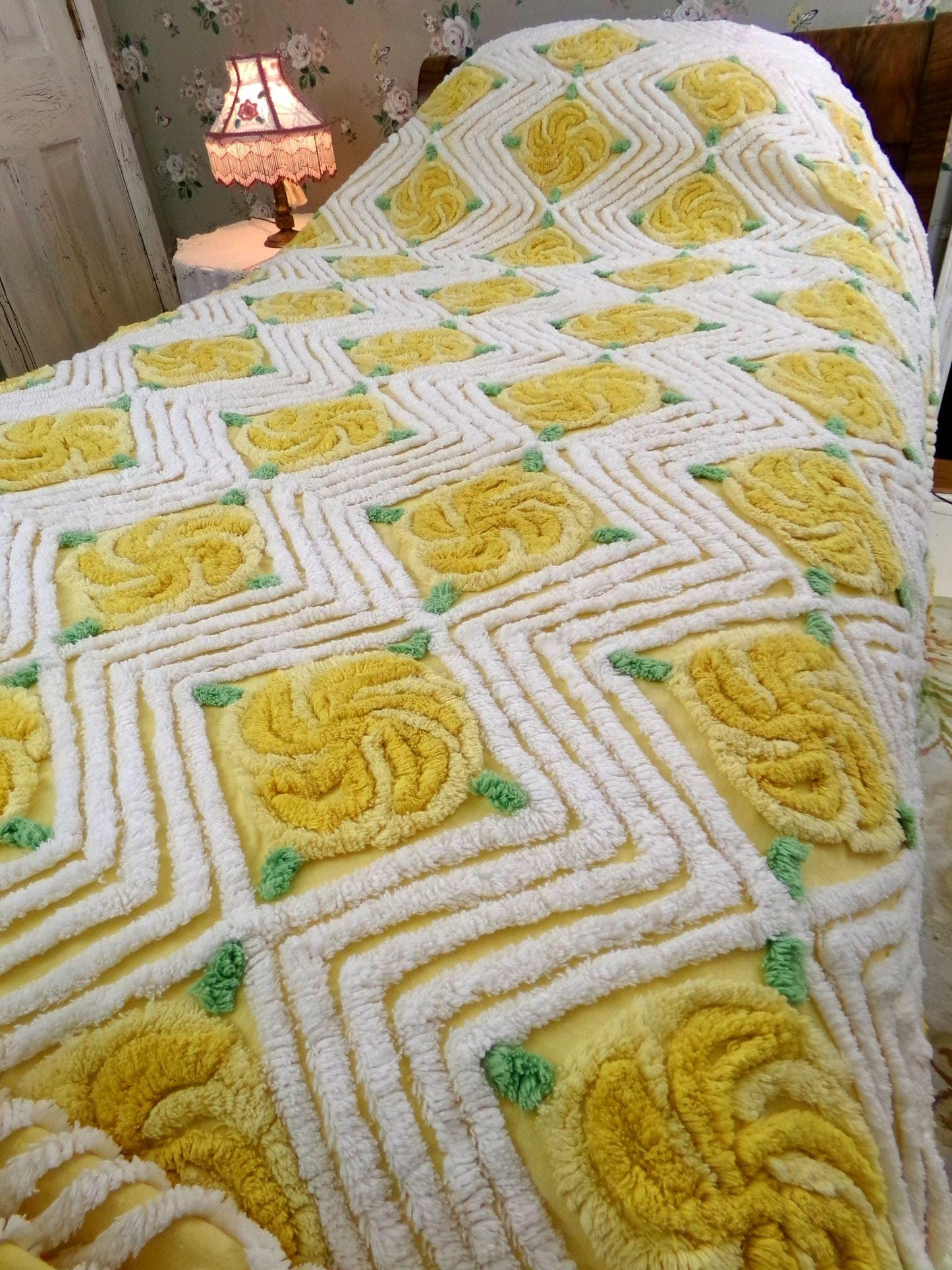 golden rose vintage chenille bedspread, plush pinwheel yellow cabbage rose design, full size cotton bedding