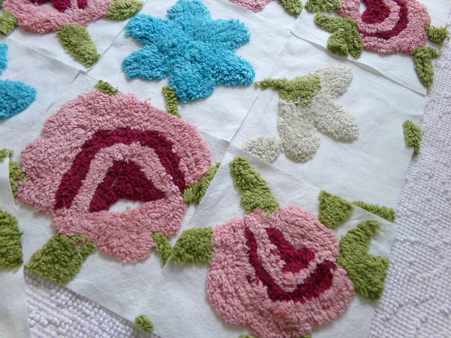 flower petals chenille fabric squares, set of 17 vintage style floral 6" craft blocks, pretty designs for quilt inlays, pillows, fiber arts