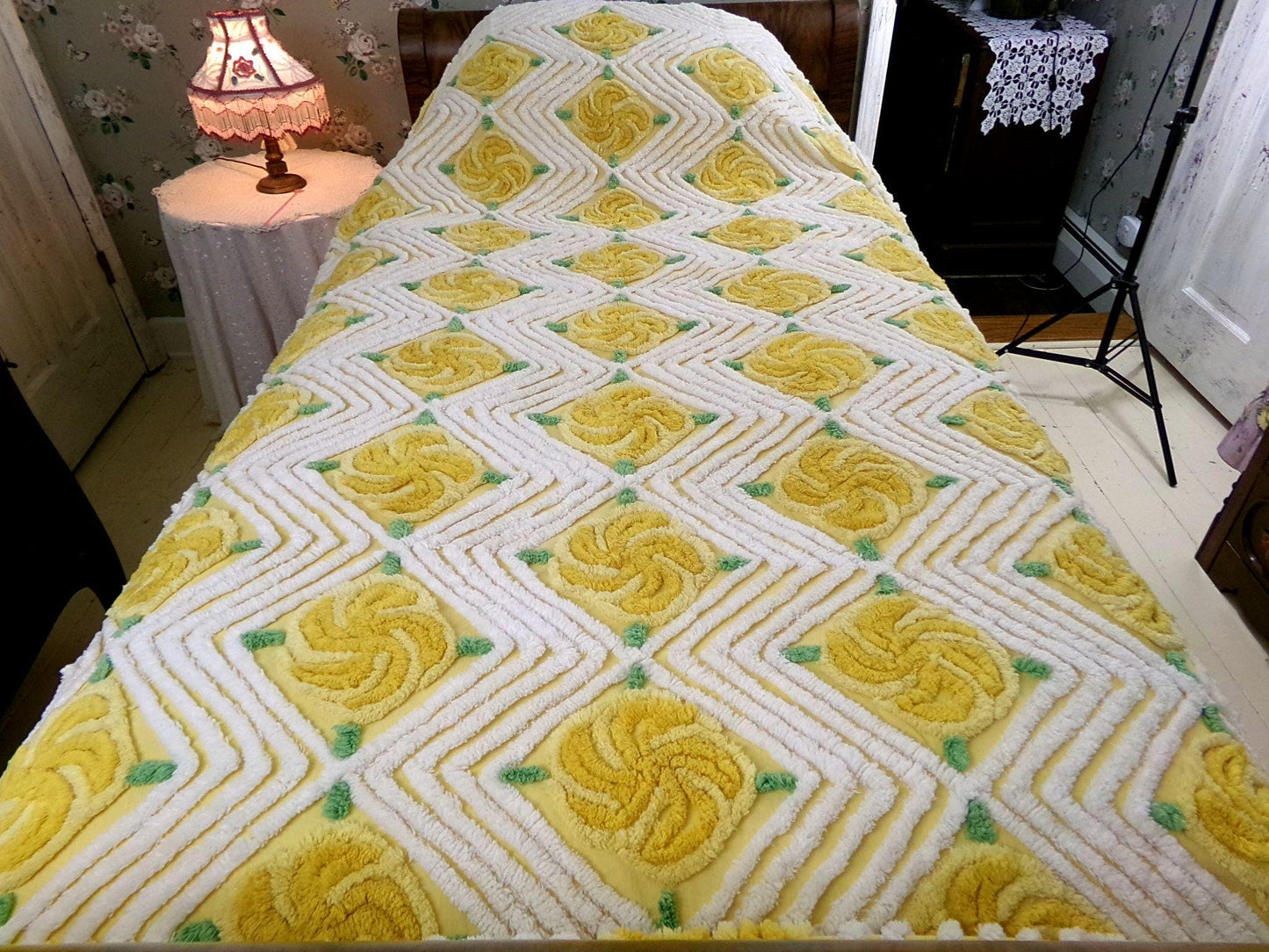 golden rose vintage chenille bedspread, plush pinwheel yellow cabbage rose design, full size cotton bedding