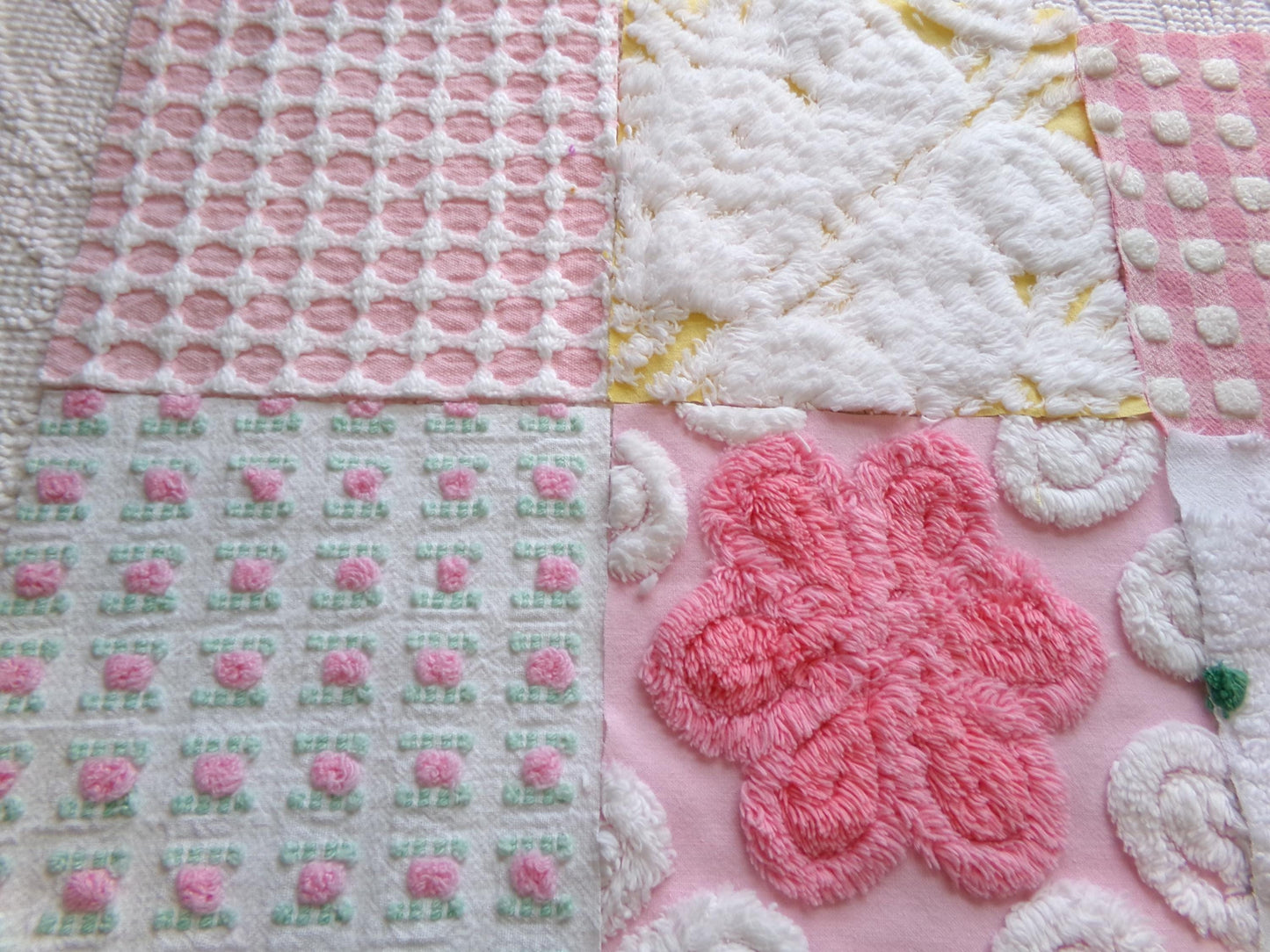 vintage chenille fabric squares, "spring sunrise" set of 16 floral 6" quilt blocks in yellow, pink & white